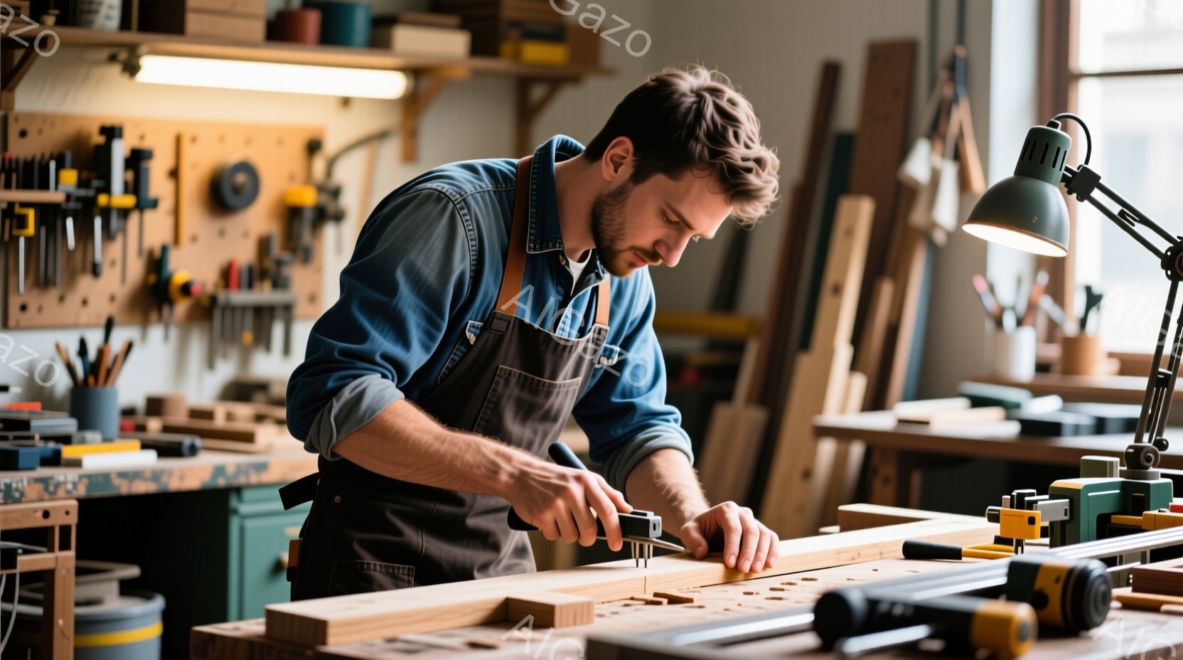 濃いひげを生やした男性が作業台で木材に工具を使って作業をしている。デニムシャツとエプロンを着ており、集中した表情で木材に線を引いている。背景には工具が並んだ壁と、木材が積み重ねられた作業スペースがあり、アトリエのような雰囲気である。
