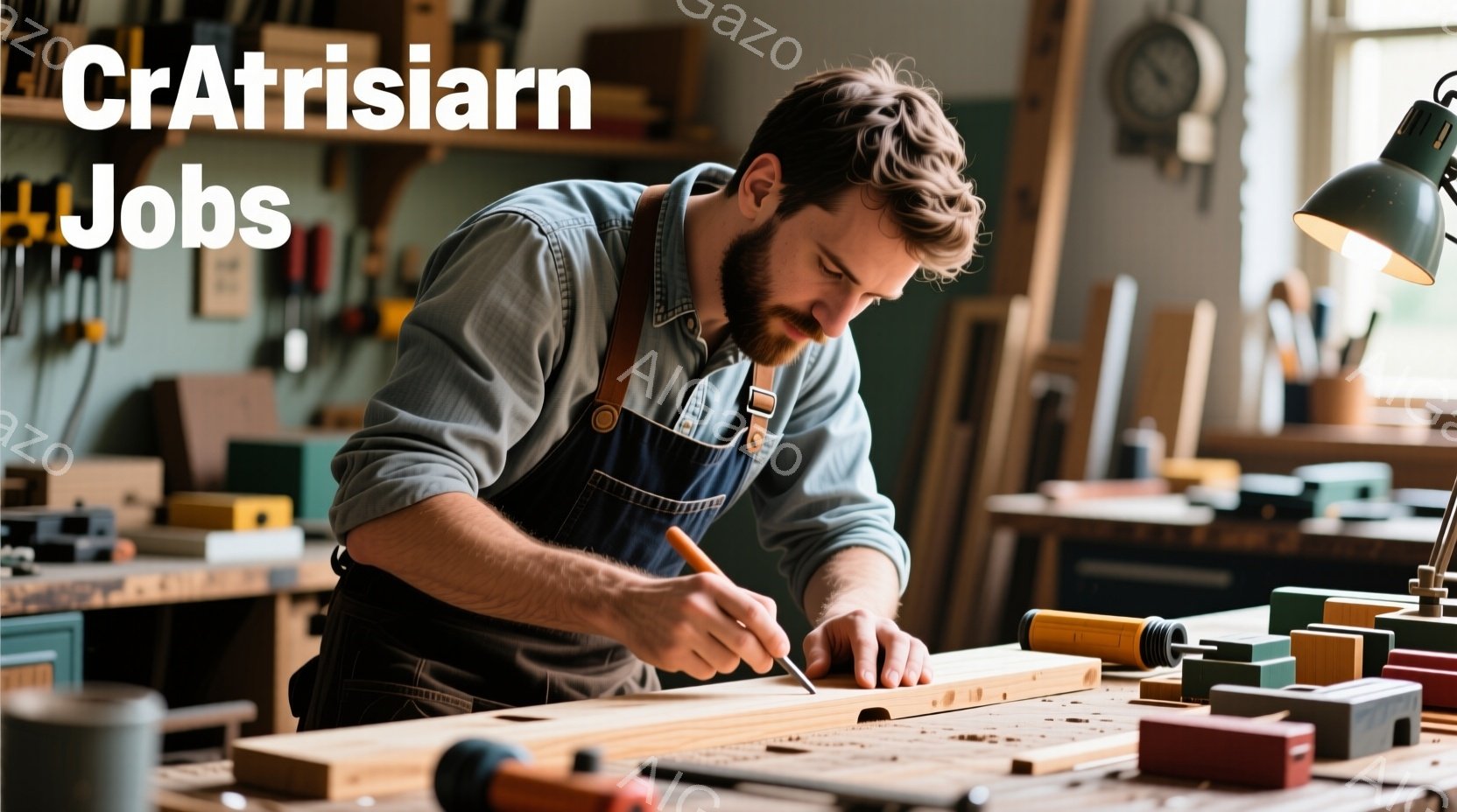 長いひげを生やした男性が、作業台で木材に線を引いています。彼はオーバーオールとシャツを着ており、真剣な表情で作業に集中しています。背景には工具や木材が並び、職場の活気と集中した雰囲気が伝わってきます。