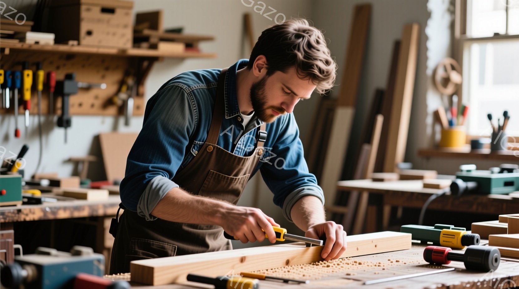 作業着姿の男性が木材を削っています。彼は茶色のエプロンと青い長袖シャツを着ており、無精髭を生やした顔は真剣な表情をしています。背景には工具が並んだ作業台と、窓から差し込む自然光が見え、全体的に温かみのある職人の作業風景が伝わってきます。