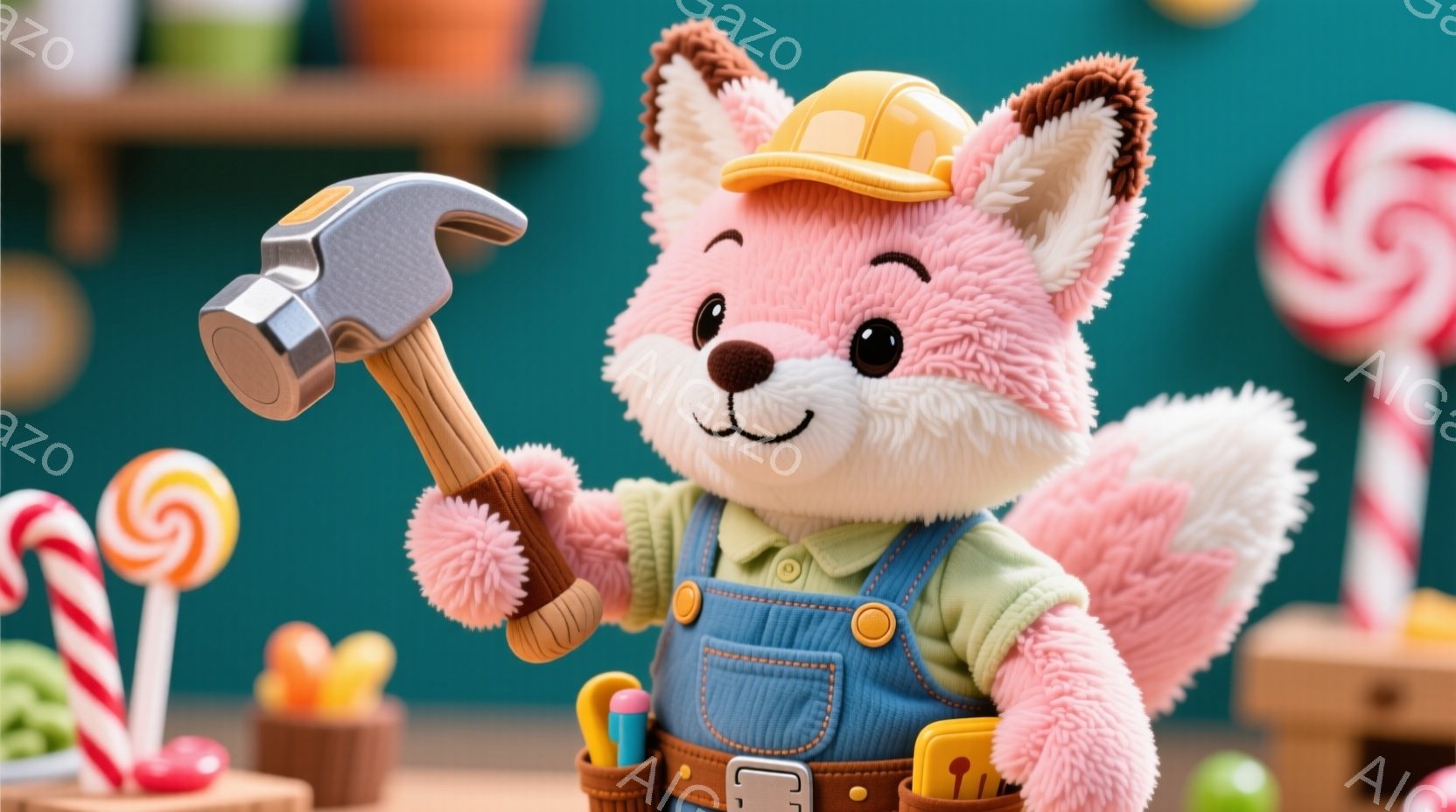 キャラクターは建設作業を行っており、工具を持って仕事をしている。服装は工事士のユニフォームで、髪型は短くて試したような姿勢である。背景は工事現場風の構造物が見られる。全体として、楽しいと親切な雰囲気が感じられる。