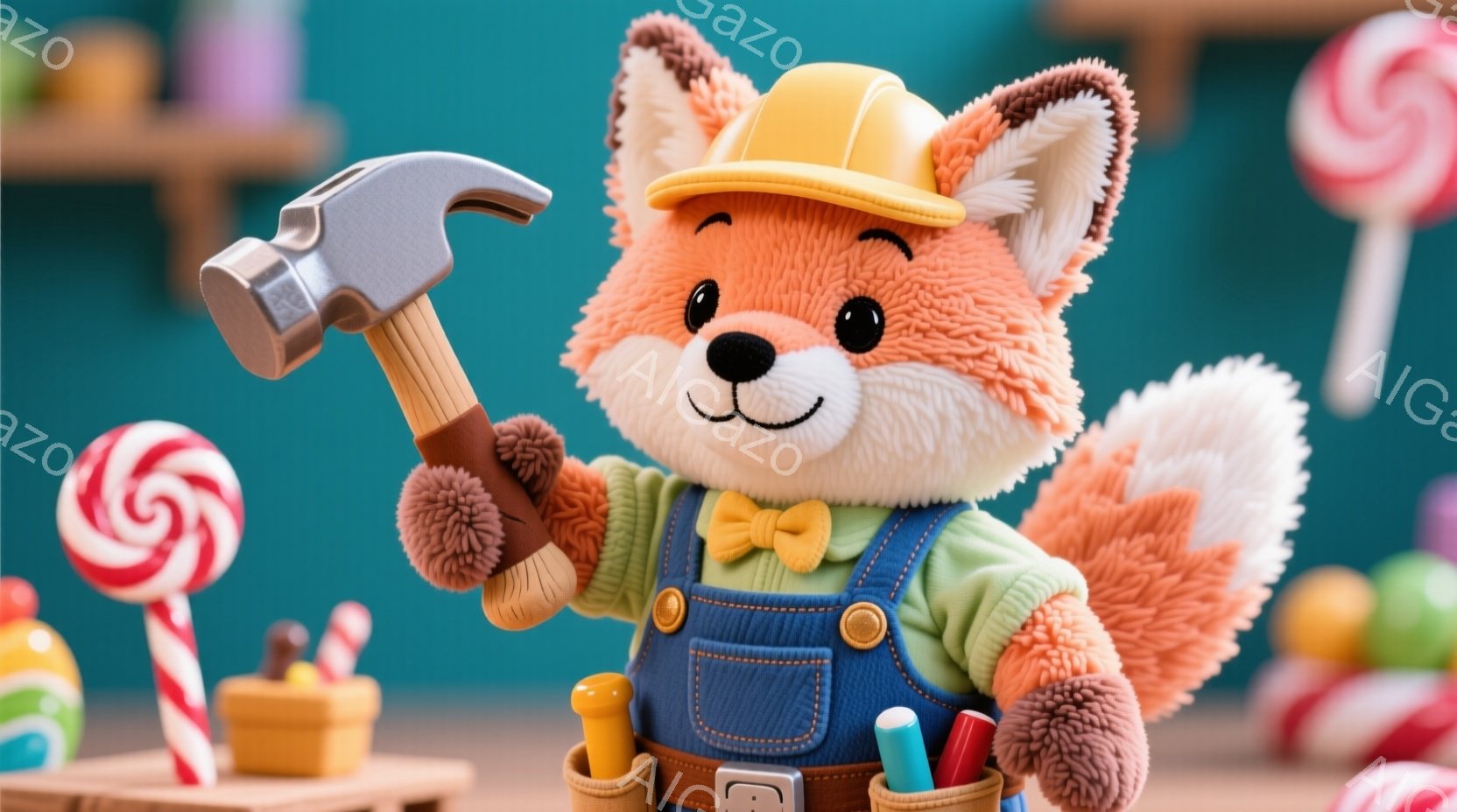 明るいオレンジ色の毛並みを持つキツネのキャラクターが、水色のオーバーオールと黄色いヘルメットを身に着けて立っています。右手にハンマーを持ち、オーバーオールの腰当てには様々な工具が差し込まれています。背景にはキャンディーが散りばめられ、おもちゃのようなテーブルが置かれており、全体的に可愛らしく遊び心のある雰囲気です。