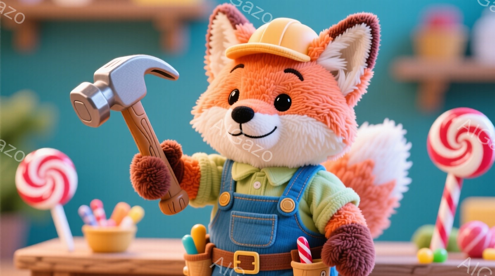 明るいオレンジ色のキツネが、作業着とヘルメットを身に着けて立っています。片手にハンマーを持ち、楽しそうな表情で何かを修理しようとしているようです。背景には、キャンディや道具が置かれた木製のテーブルがあ - AI生成フリー素材