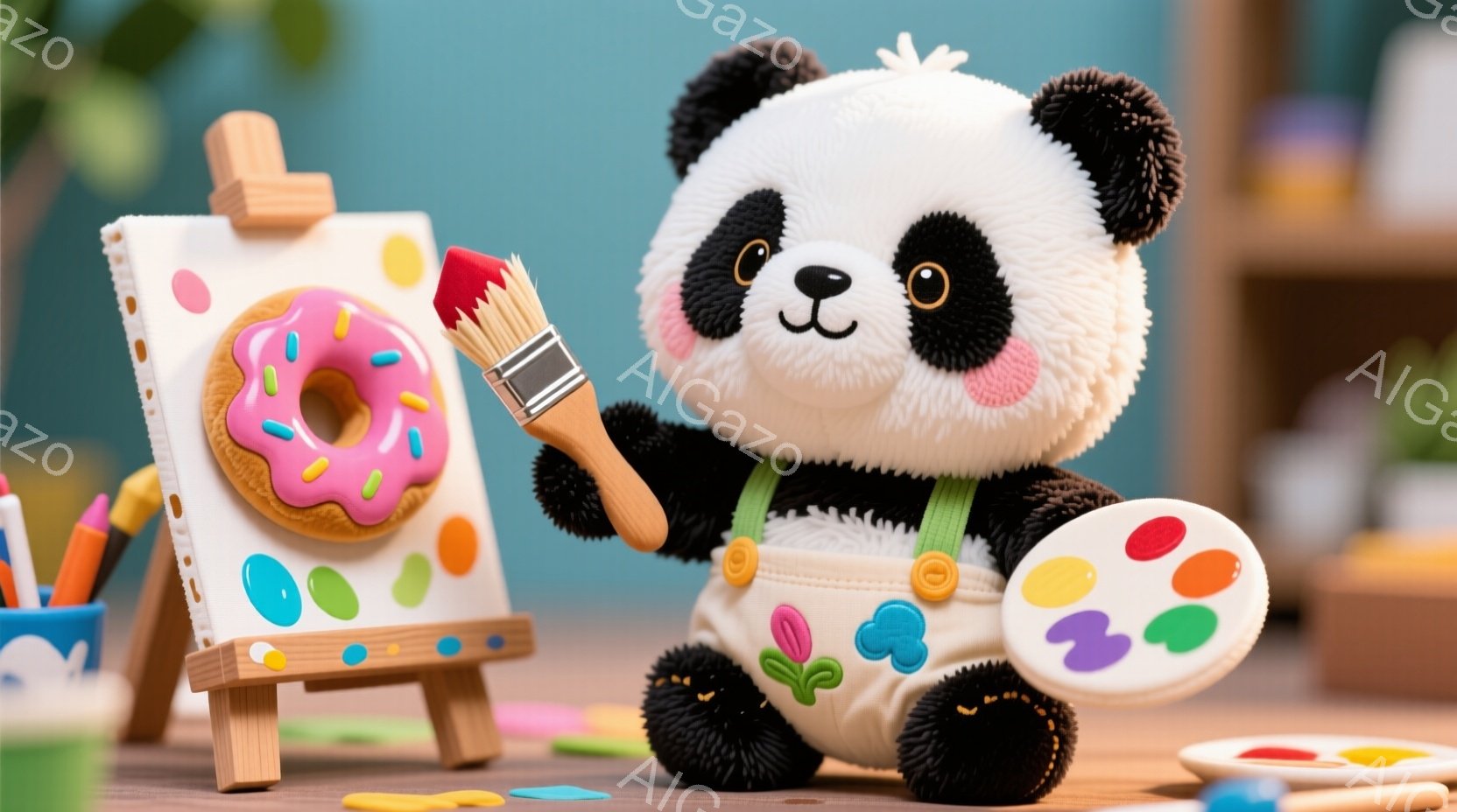 ふわふわのパンダのぬいぐるみは、エプロンとサスペンダーを着て、小さなイーゼルに向かって絵を描いています。キャンバスにはピンク色のアイシングがかかったドーナツが描かれており、パンダは片手に筆を持ってドーナツに色を塗っているようです。背景にはカラフルな絵の具や他の絵の具の道具が散らばっており、明るく楽しい雰囲気が漂っています。