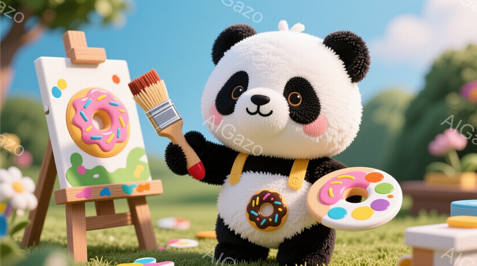 ふわふわのパンダが、イーゼルとパレットを持って絵を描いている様子が描かれています。パンダは肩掛けのベルトをつけており、真剣な表情でドーナツの絵を描いています。背景には緑の草と木々が見え、穏やかで可愛らしい雰囲気です。