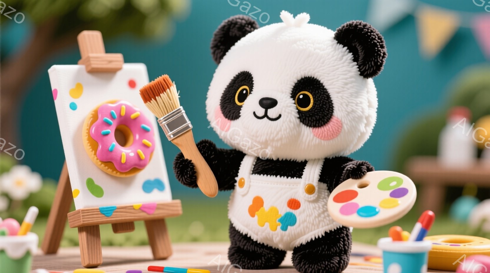 白と黒のパンダが、絵を描いている様子が描かれています。パンダはカラフルな絵の具が描かれたエプロンを着ており、キャンバスにはピンク色のドーナツが描かれています。背景には、花や絵の具、筆などが散りばめられ - AI生成フリー素材