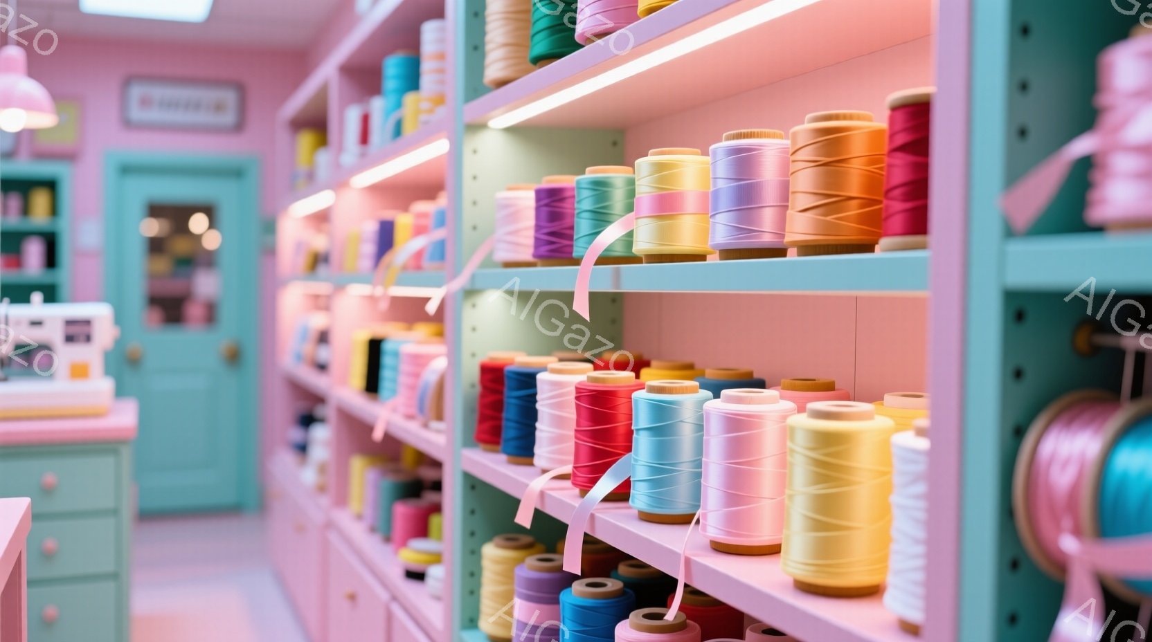 鮮やかな色の糸が棚に整然と並べられています。淡いピンクとターコイズブルーの背景が可愛らしく、まるでキャンディーショップのような雰囲気です。糸の種類が豊富で、手芸や裁縫を楽しめる空間を想像させます。