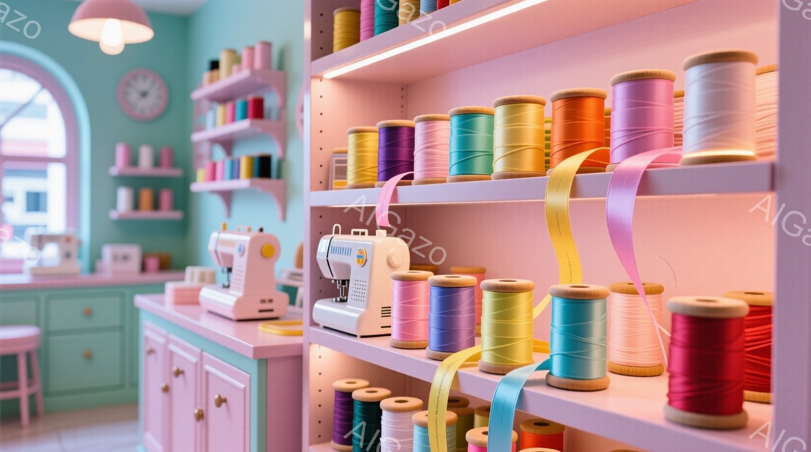 明るいピンク色の部屋には、様々な色の糸が整然と並べられた棚が印象的です。ピンク色のミシンが置かれ、手芸や裁縫のための空間であることがわかります。全体的にパステルカラーで統一されており、優しく温かい雰囲気が漂っています。