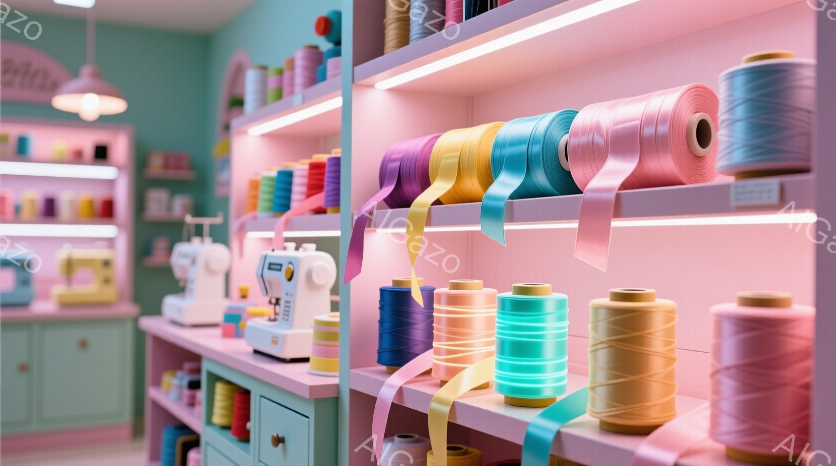 明るいピンクと水色の店内には、カラフルな糸やリボンが棚に並べられています。縫い機が置かれた作業台と、糸を収納するキャビネットが背景にあり、手芸や裁縫のためのスペースであることがわかります。全体的に柔らかい色彩と整頓された様子から、温かく創造的な雰囲気が感じられます。