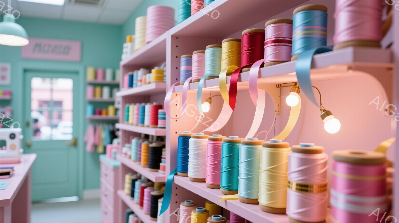 ピンク色の棚に、カラフルな糸巻きが整然と並べられています。背景には、薄い緑色の壁と、糸や生地を扱うお店であることがわかるディスプレイが見えます。全体的に明るく、可愛らしい雰囲気で、手芸や裁縫を楽しめる - AI生成フリー素材