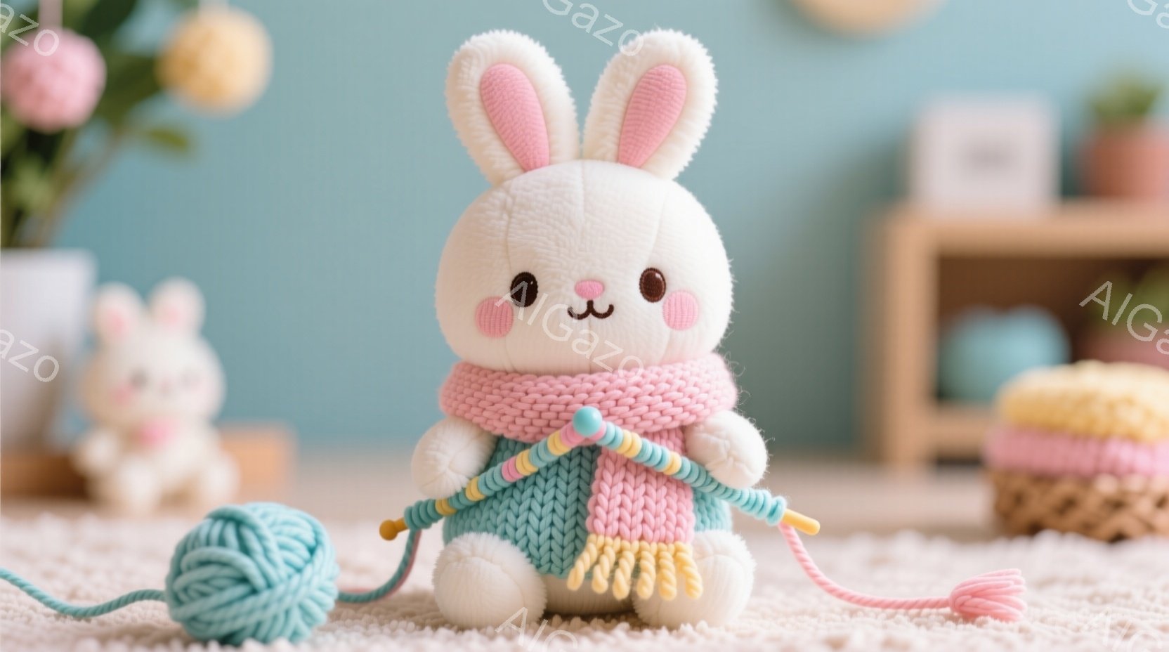 白くてふわふわしたウサギのぬいぐるみは、ピンク色のマフラーと水色のセーターを着ています。正面を見据え、赤い毛糸を編んでいるようで、とても可愛らしい表情をしています。背景には、他のウサギのぬいぐるみやバ - AI生成フリー素材