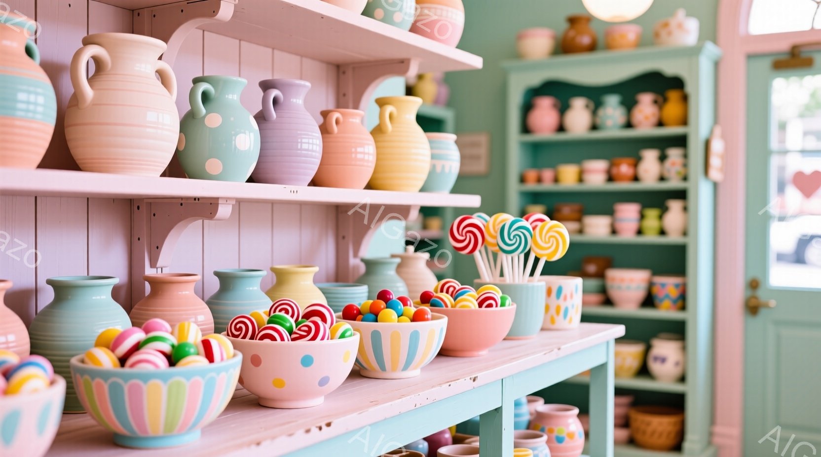 明るいパステルカラーの陶器が棚に並んでいる店内の様子が写っている。キャンディがいくつかのお皿に盛り付けられており、カラフルで可愛らしい雰囲気を醸し出している。壁は淡い緑色で、全体的に温かく、心地よい空 - AI生成フリー素材