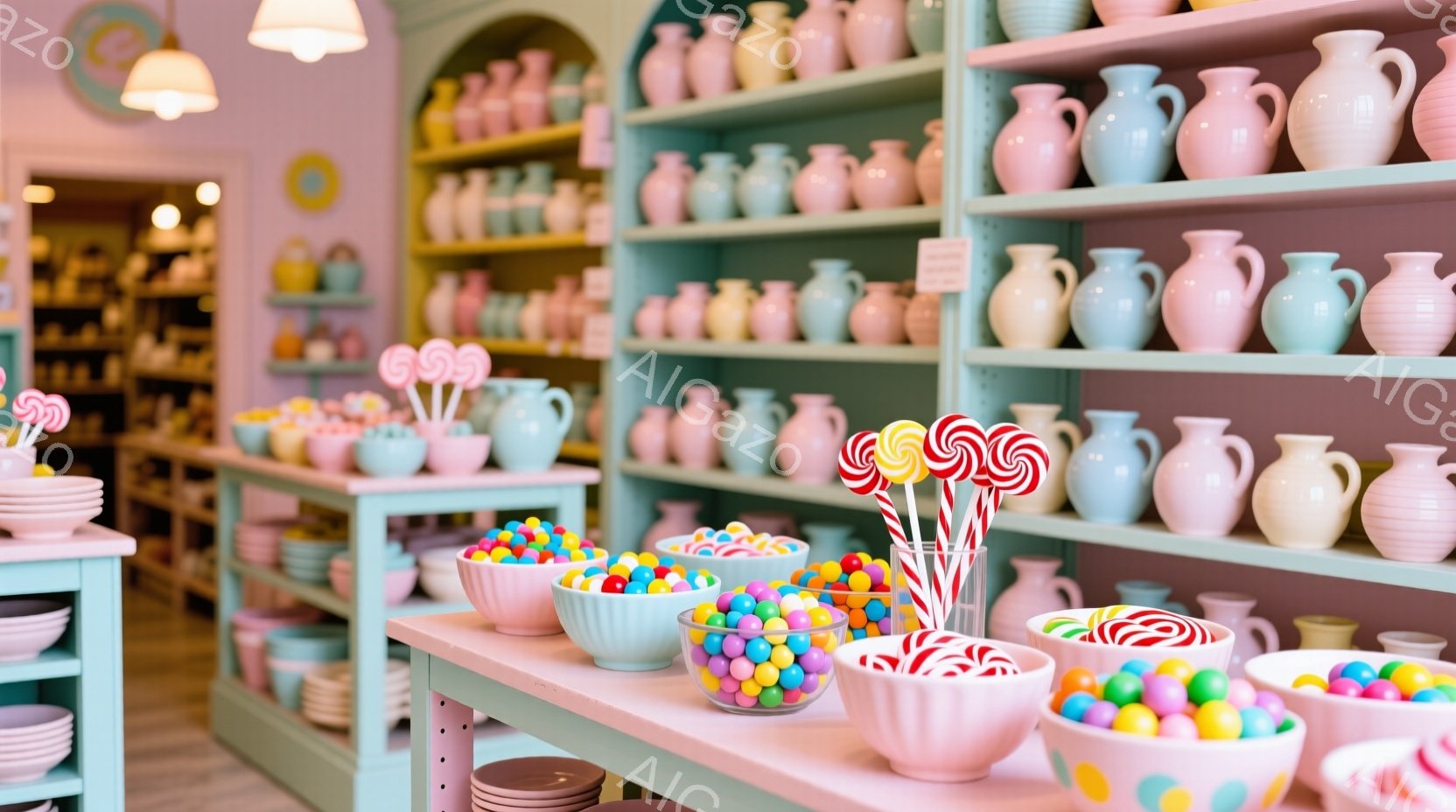 明るいピンクと水色のカラフルな陶器が並ぶ店内の様子です。カウンターにはキャンディーが入ったお皿がいくつか置かれ、背景には陶器でいっぱいの棚が並んでいます。全体的に甘くて可愛らしい雰囲気が漂い、お菓子屋さんか陶器店のような印象を受けます。