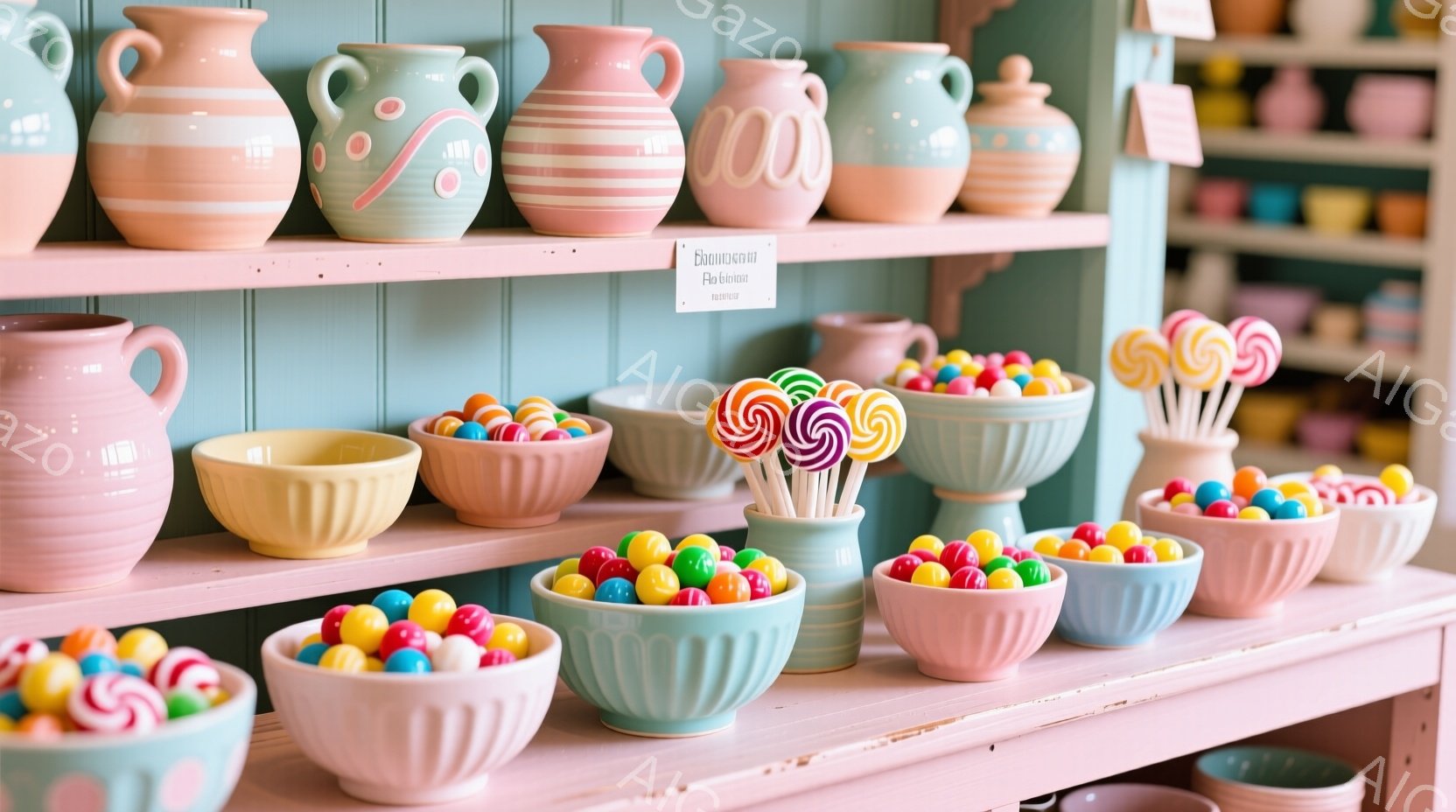屋内のコンビニエンス店のような環境にある、豊富なお菓子が陳列されたスイーツバックです。 おしゃべり風の花紋デザインが施された陶器やボウルが用意されており、彩色の多彩なボール形状のボールが入っています。 淡い青色の背景には、窓から微かである外部の風景を見ることができます。