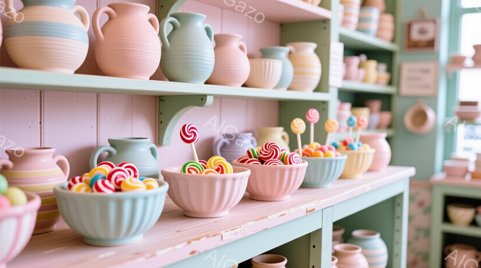 薄いピンク色の棚に、カラフルなキャンディが入ったピンク、黄、水色のボウルが並べられています。背景には、同じようなピンク色の壺や装飾品が並んだ棚があり、淡いパステルカラーが全体的に優雅な雰囲気を醸し出しています。明るい色合いと可愛らしい装飾品が、お菓子屋のような甘くて温かい雰囲気を連想させます。