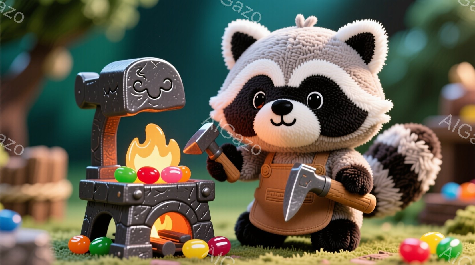 ふわふわの毛並みを持つアライグマが、エプロンとオーバーオールを着て、小さな鍛冶場の前でハンマーを構えています。 鍛冶場の中には火が燃え、カラフルなジェリービーンズが加熱されています。 背景には緑の芝生が広がり、カラフルなビー玉が散りばめられており、おとぎ話のような暖かい雰囲気が漂っています。