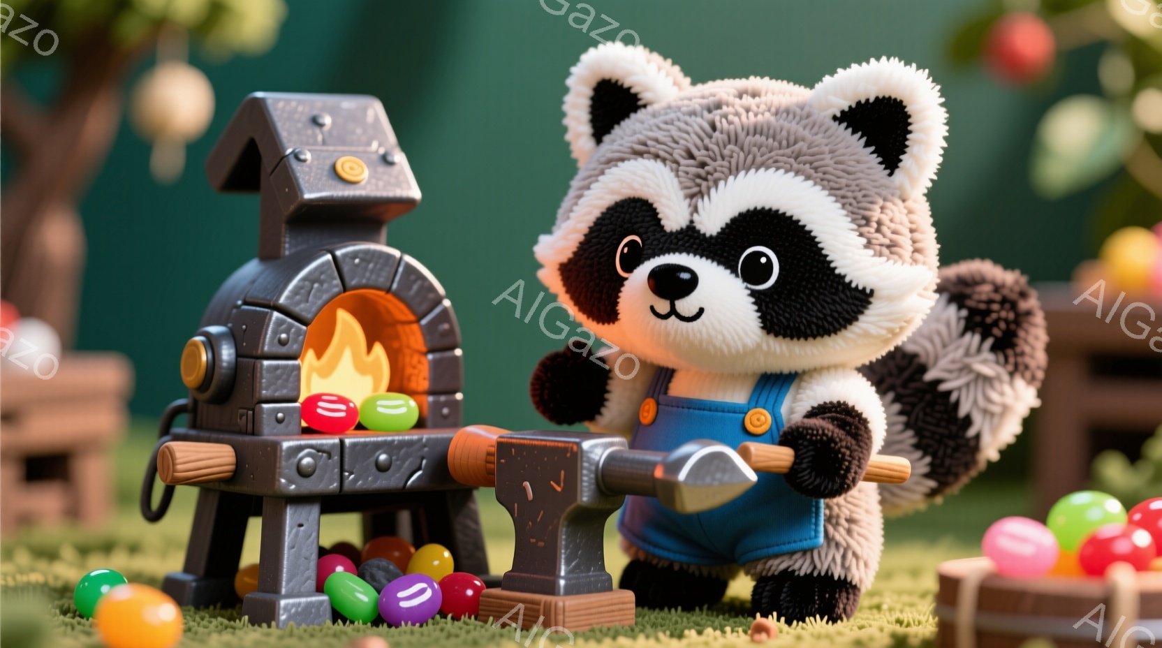 アライグマのキャラクターが、小さな鍛冶場でキャンディーを鍛えている様子が描かれています。青いオーバーオールを着て、真剣な表情でハンマーを振り下ろしています。背景には緑の芝生、木箱に入ったキャンディー、そしてわずかに見える木々があり、可愛らしく温かい雰囲気が漂っています。