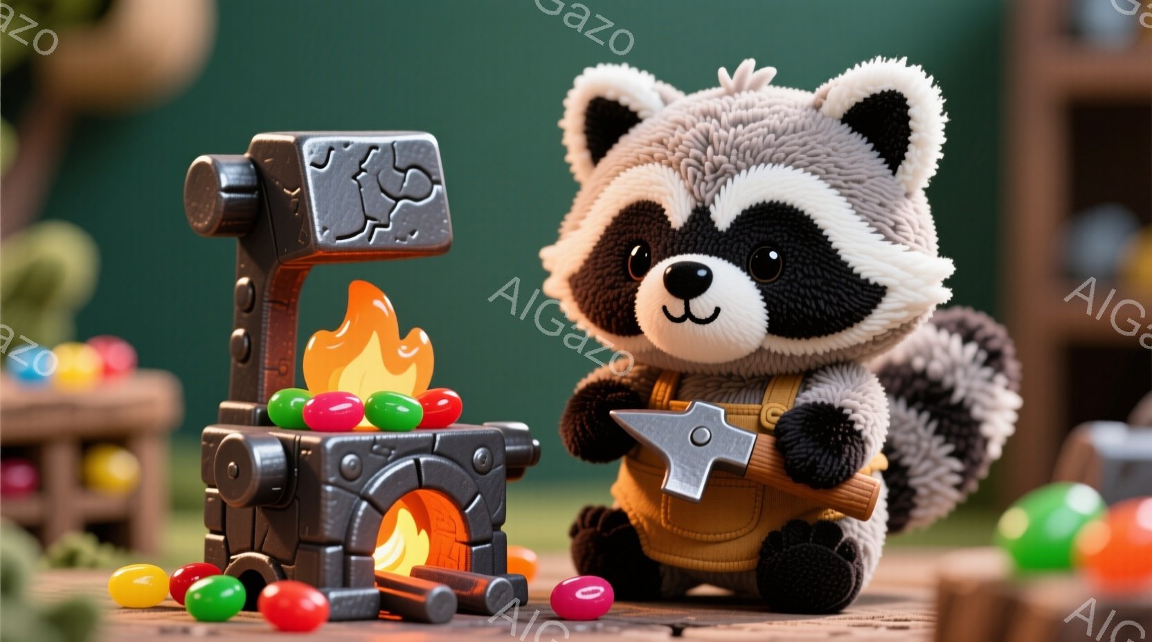 アライグマのキャラクターが、小さな鍛冶場の前でハンマーを持って座っています。キャラクターは黄色いオーバーオールを着ており、顔は穏やかで優しい表情をしています。背景にはカラフルなビー玉や木製の家具が見え、全体的に遊び心のある、温かい雰囲気です。