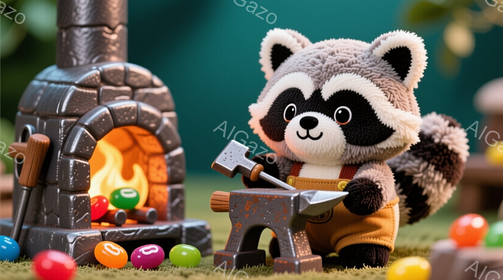 ふわふわのタヌキが鍛冶屋として働いている様子が描かれています。オーバーオールとエプロンを着て、小さなハンマーで金属を叩いており、真剣な表情をしています。背景にはレンガ造りの炉とカラフルな豆が散らばっており、緑の芝生が広がっています。