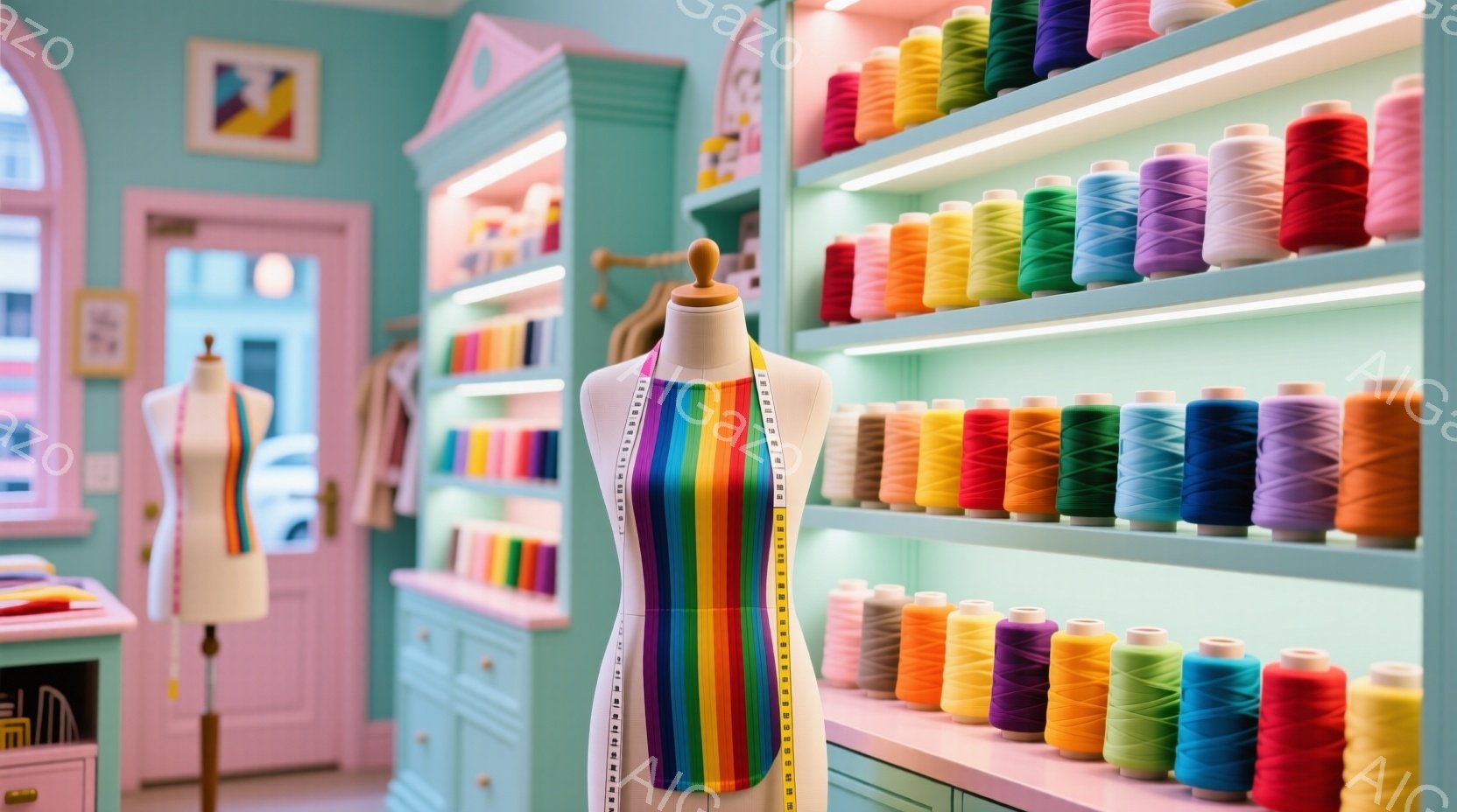 ピンク色の背景に、マネキンが虹色のストライプのトップスを着ています。背景には、様々な色の糸が並んだ棚が整然と並び、明るくカラフルな雰囲気を醸し出しています。全体的に、クリエイティブで遊び心のあるアトリエやショップのような空間が表現されています。