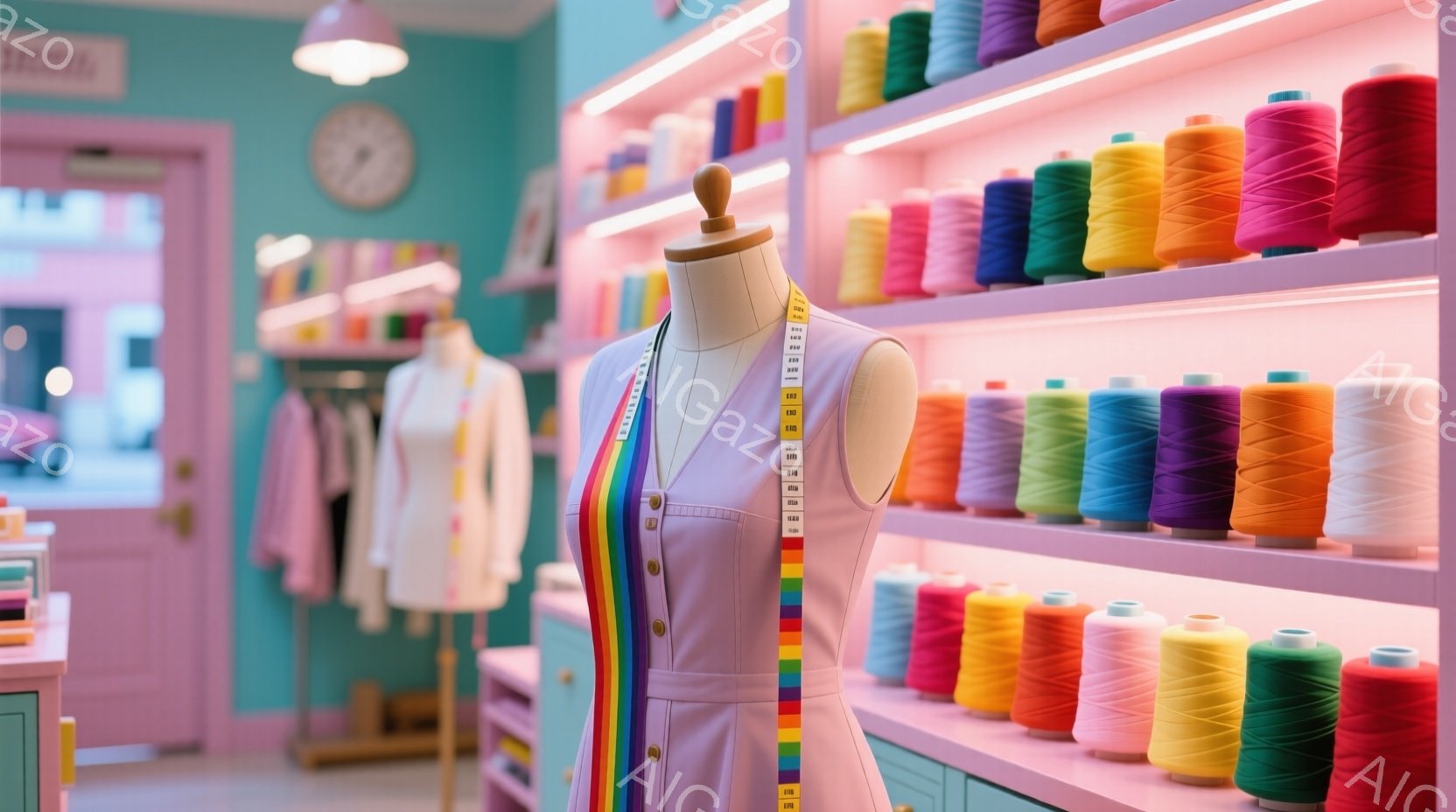 マネキンには、パステルピンクのシャツドレスが着せられています。背景には、様々な色の糸が並んだ棚が整然と並び、クリーム色の装飾が施された壁とピンク色の家具が暖かさを添えています。全体的に、明るくカラフルで、創造性と手工芸をテーマにした、心地よい雰囲気の空間が表現されています。