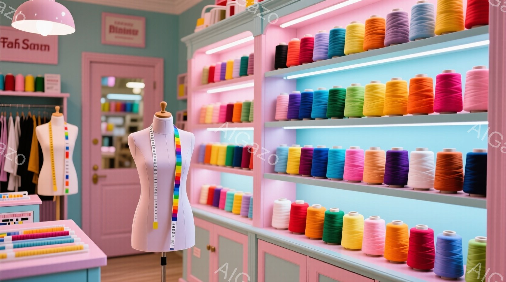 明るいピンクと水色の内装の裁縫店で、マネキンが中央に置かれています。マネキンにはメジャーが巻かれており、壁一面には様々な色の糸が整然と並んでいます。店内の雰囲気はカラフルで、創造的で、手作りの温かさを - AI生成フリー素材
