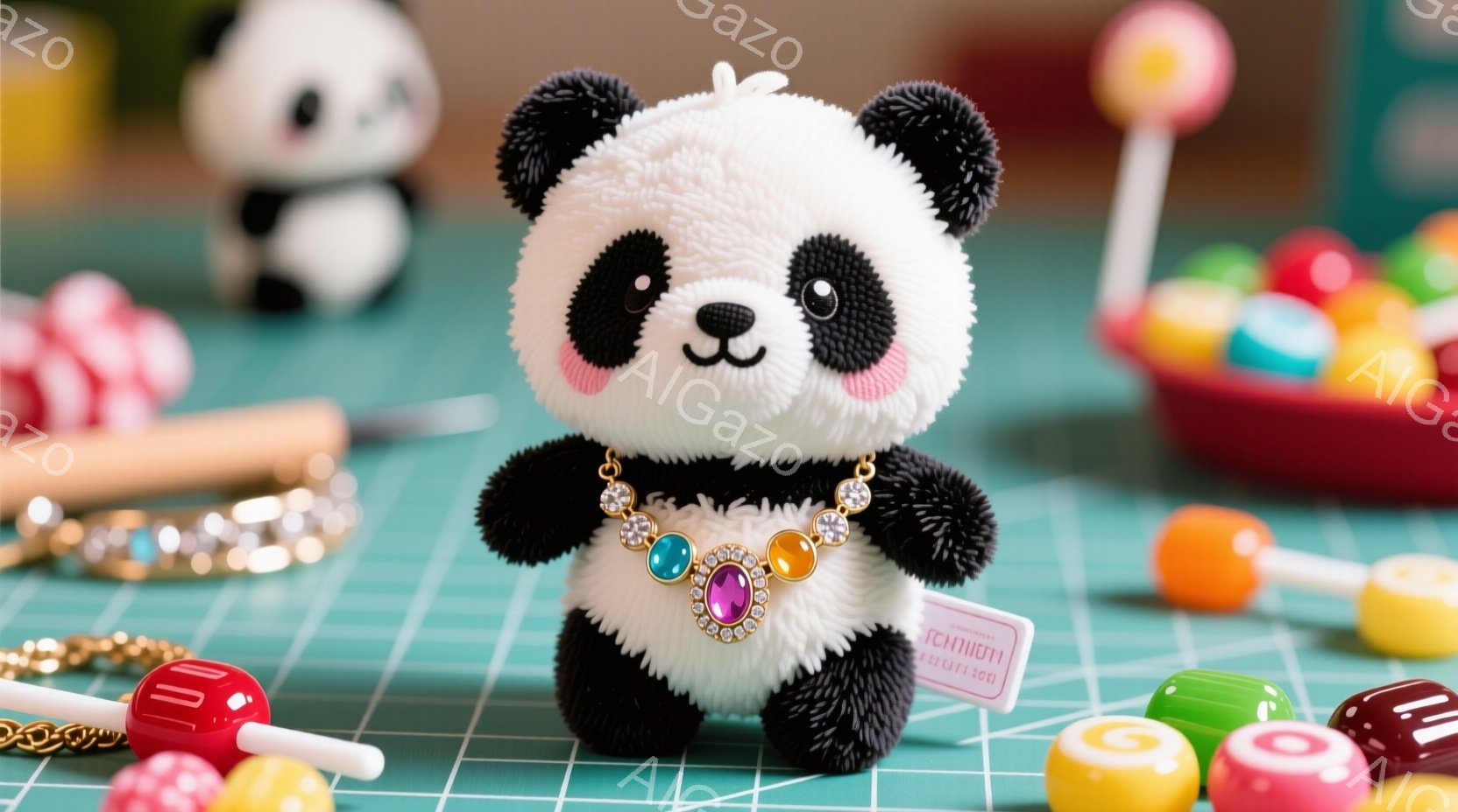 ふわふわのパンダのぬいぐるみは、鮮やかなピンク、緑、オレンジ色のキャンディやアクセサリーに囲まれています。パンダは首に宝石が輝くネックレスをつけ、つぶらな瞳とわずかに微笑んだ口元が愛らしい表情を作り出しています。背景は明るい緑色のテーブルで、おもちゃのようなカラフルな雰囲気が漂っています。