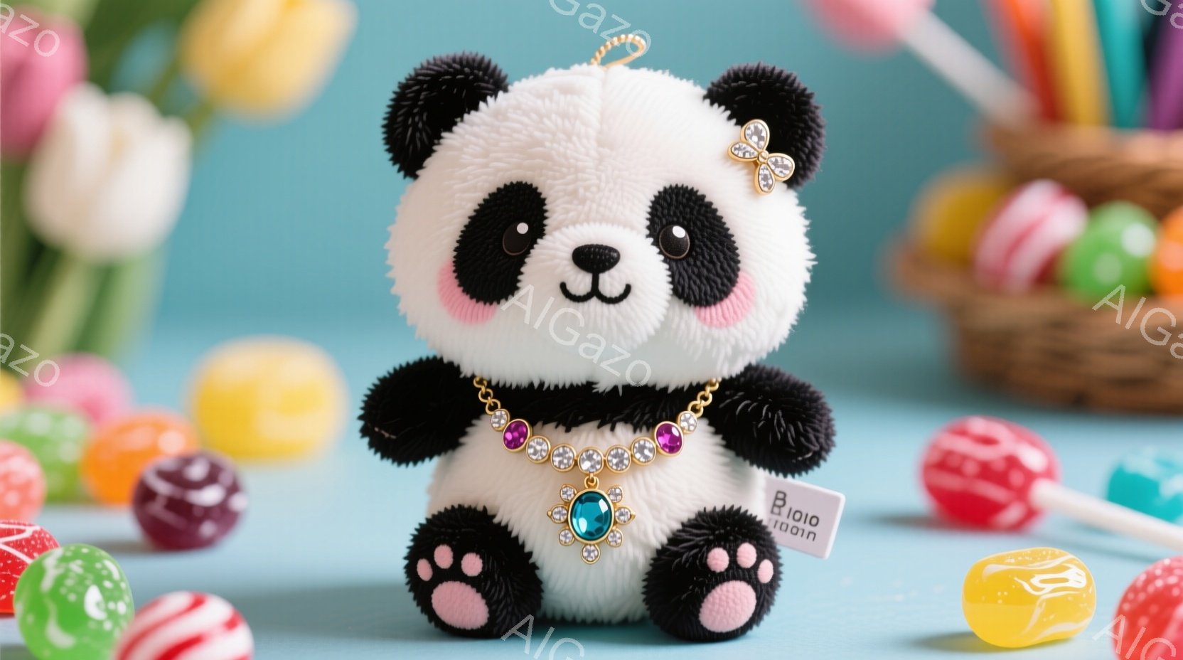 ふわふわのパンダのぬいぐるみは、鮮やかなピンクと紫の宝石がちりばめられた首輪をつけています。丸い体と愛らしい表情で、ピンク色の足裏が可愛らしい印象を与えます。背景にはカラフルなキャンディーやイースターエッグが散りばめられ、お祝いムードを盛り上げています。