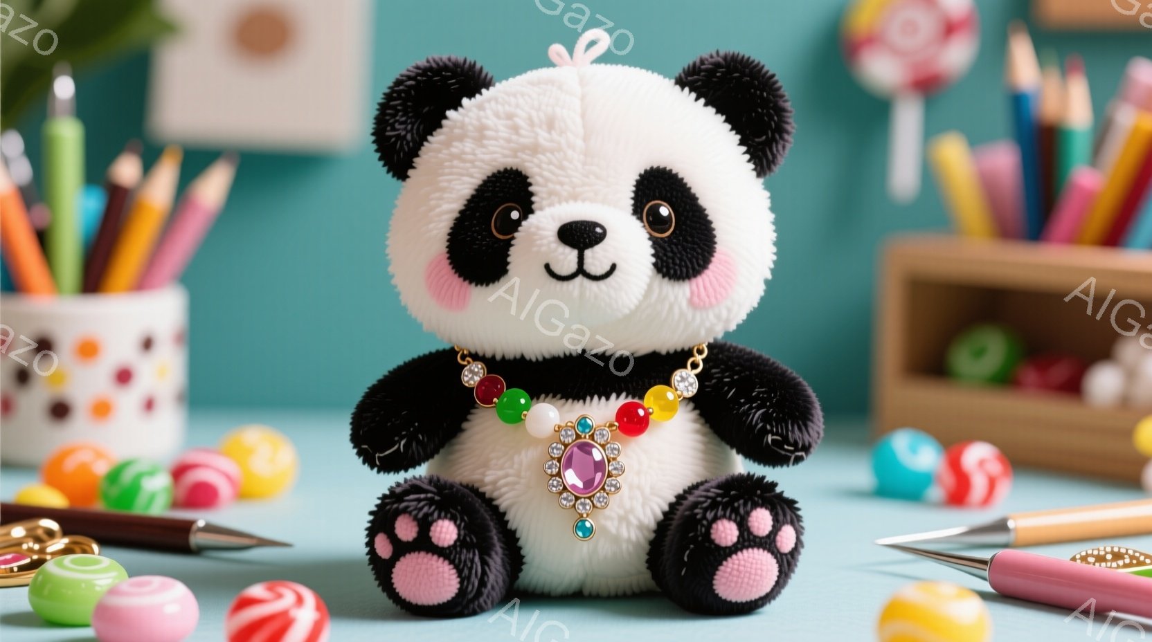 白と黒のふわふわしたパンダのぬいぐるみは、ピンク色の足の裏と、赤い頬と鼻を持っています。カラフルなビーズのネックレスを身につけて座っており、背景にはキャンディや鉛筆、おもちゃが散らばる机があります。全 - AI生成フリー素材