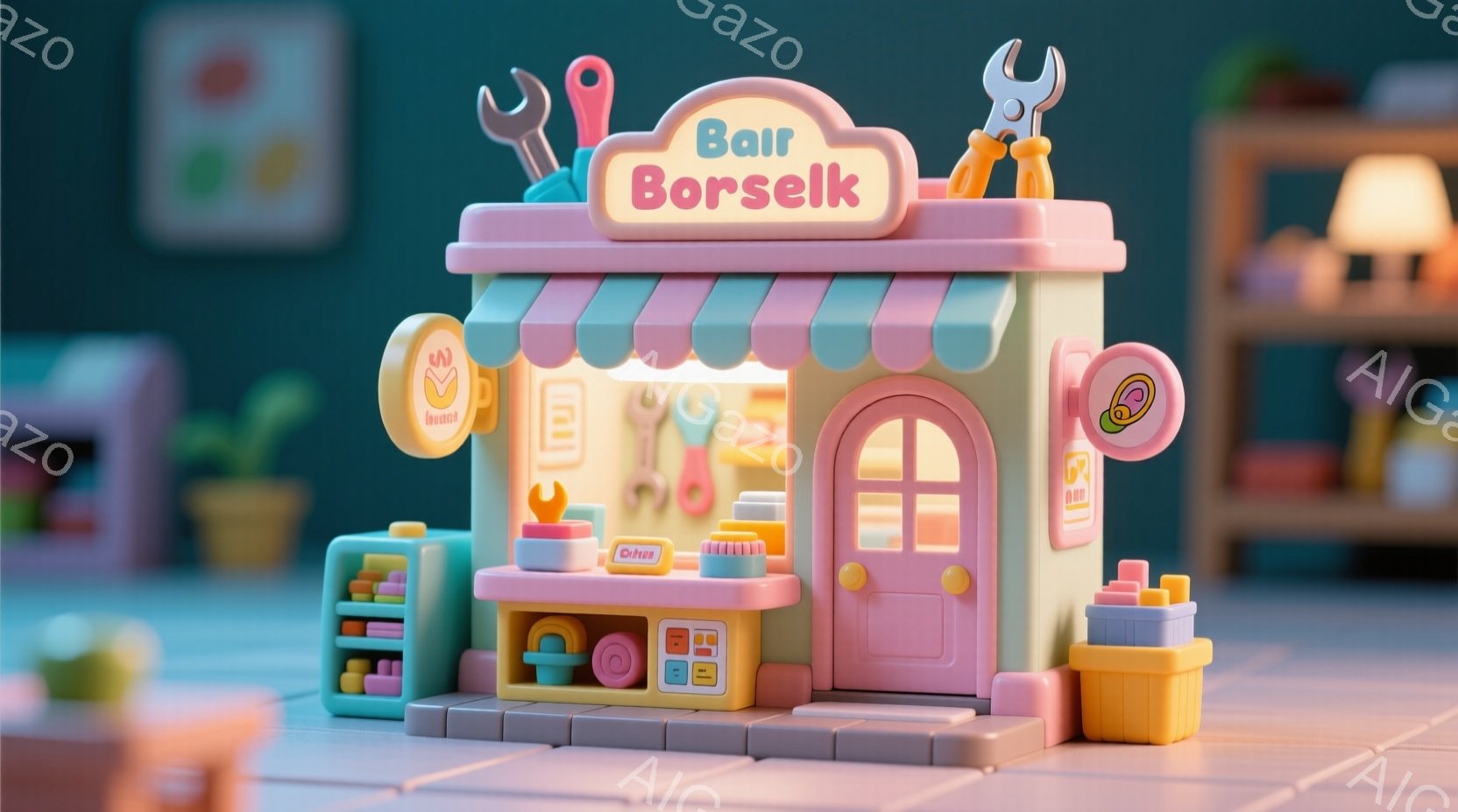 明るいピンク色の可愛らしい作業台が描かれています。作業台の上には工具や小さな引き出し、そしてオレンジ色のレゴブロックが置かれており、背景には本棚や植物が見えます。全体的にパステルカラーで統一されており、温かく遊び心のある雰囲気が漂っています。