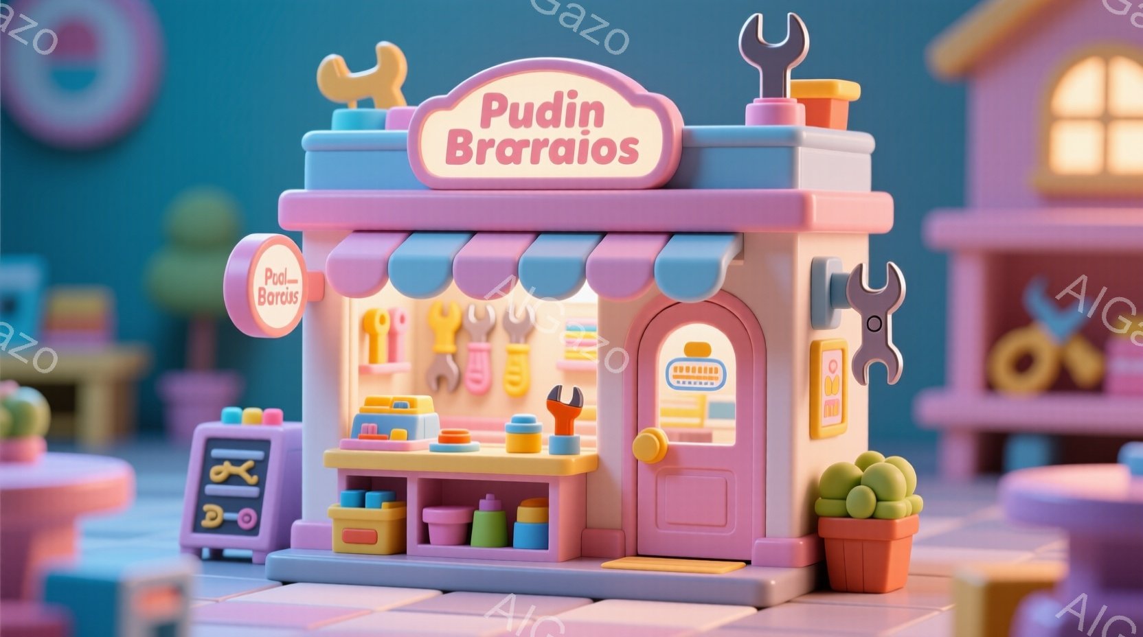 パステルカラーで構成された、おもちゃのような修理屋が描かれています。ピンク色の建物には工具が並び、看板には「Pudin」と書かれています。背景には同様のカラフルな建物が並び、まるでミニチュアの街並みの - AI生成フリー素材