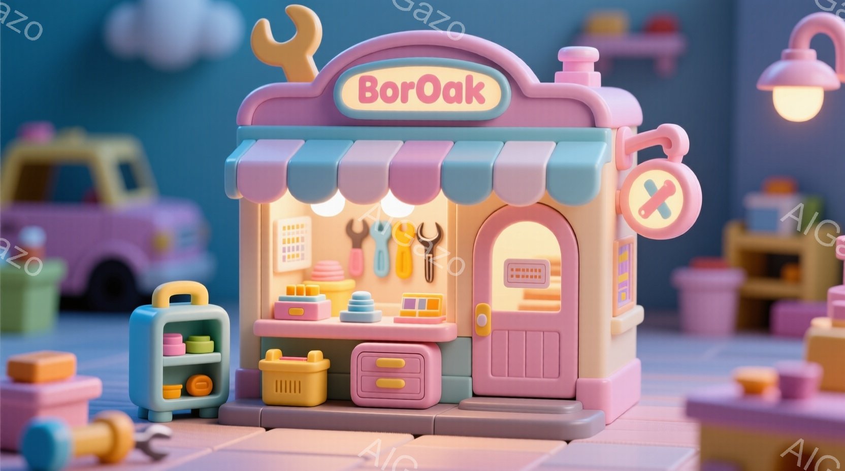 柔らかいピンク色の小さな工具店が描かれています。店には工具や部品が整然と並べられ、カウンターと棚が設置されています。背景はパステルカラーで統一されており、可愛らしいおもちゃのような雰囲気で、全体的に温かさと遊び心を感じさせます。