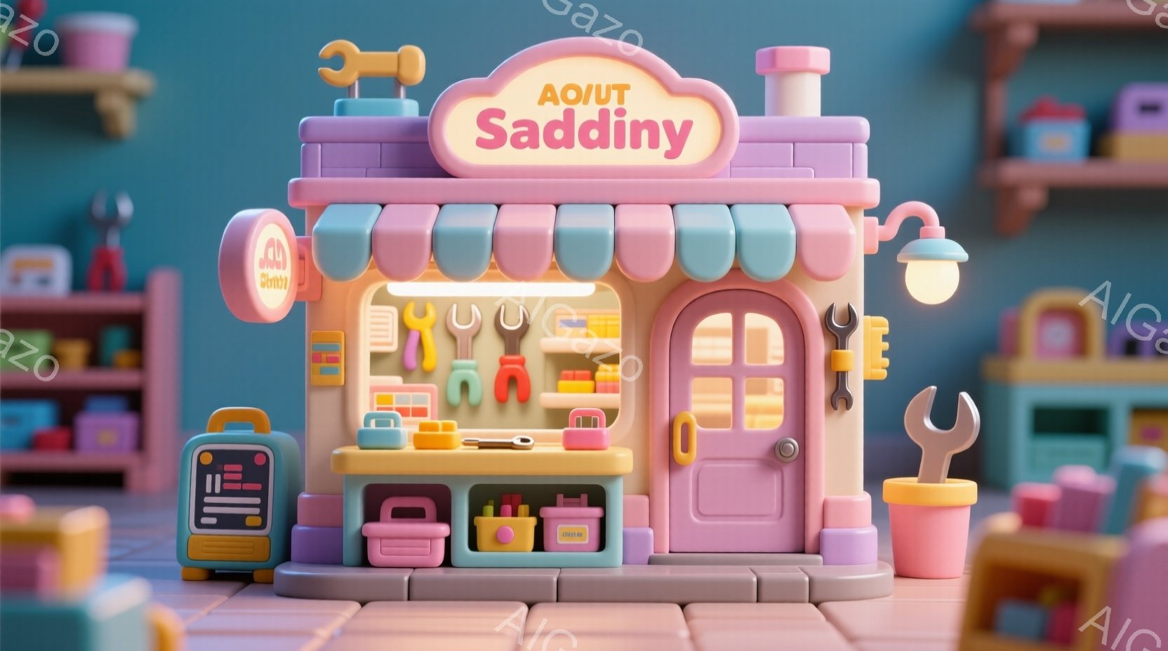 鮮やかなピンクとオレンジ色の工具店が描かれています。可愛らしいデザインで、工具や部品が棚に整然と並べられており、まるで子供のおもちゃのような雰囲気です。背景には、パステルカラーの家具や収納棚が見え、全 - AI生成フリー素材