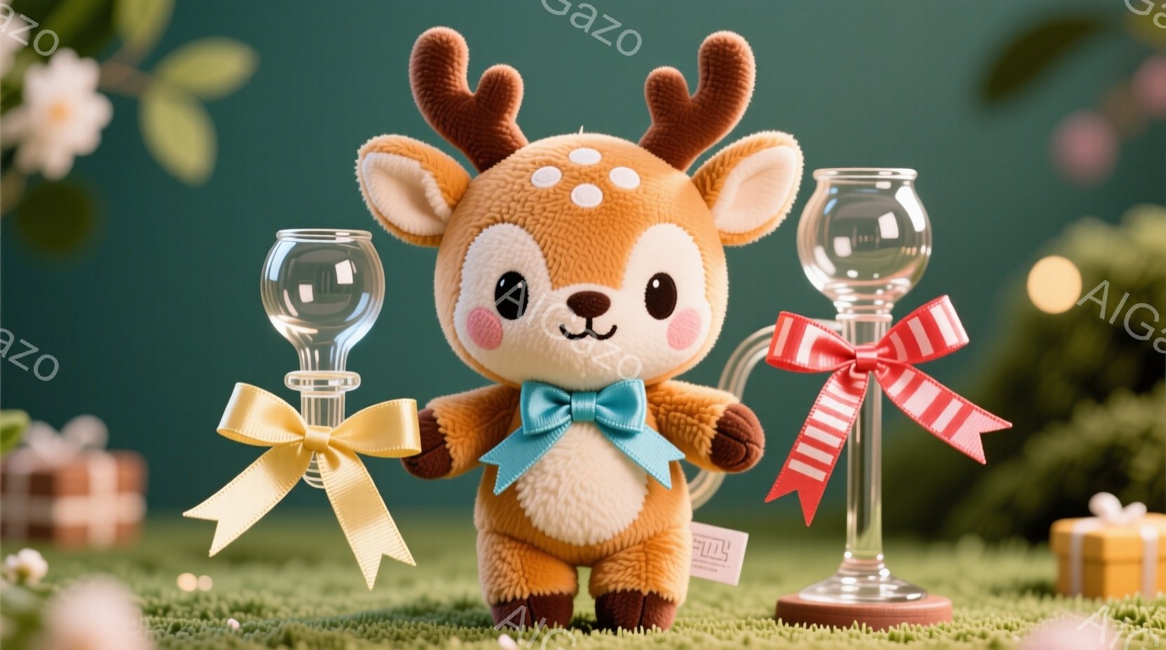 ふわふわの茶色の鹿のぬいぐるみは、水色の蝶ネクタイをつけて立っており、愛らしい表情をしています。背景には緑の芝生、ギフトボックス、そしてリボンと花が飾られたガラス製の置物が配置され、お祝いの雰囲気を醸 - AI生成フリー素材