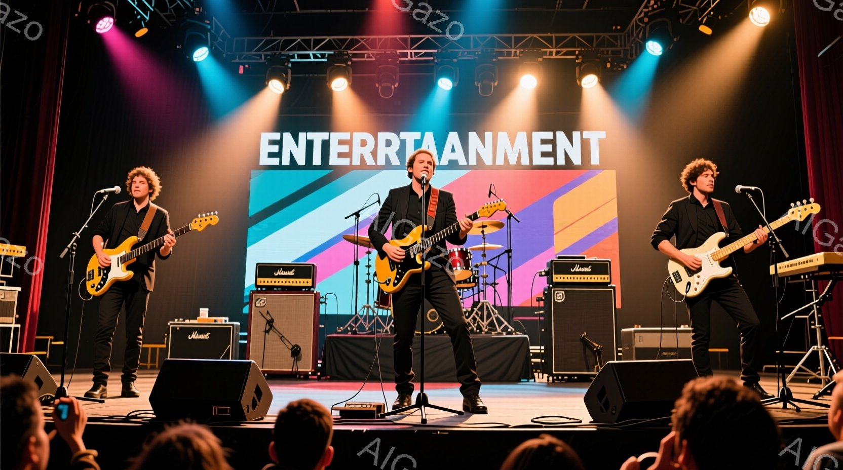 3人の男性がステージ上で演奏している様子が写っている。彼らは全員黒いシャツを着ており、それぞれギターやキーボードを演奏している。背景にはカラフルなストライプと「ENTERTAINMENT」という文字が - AI生成フリー素材