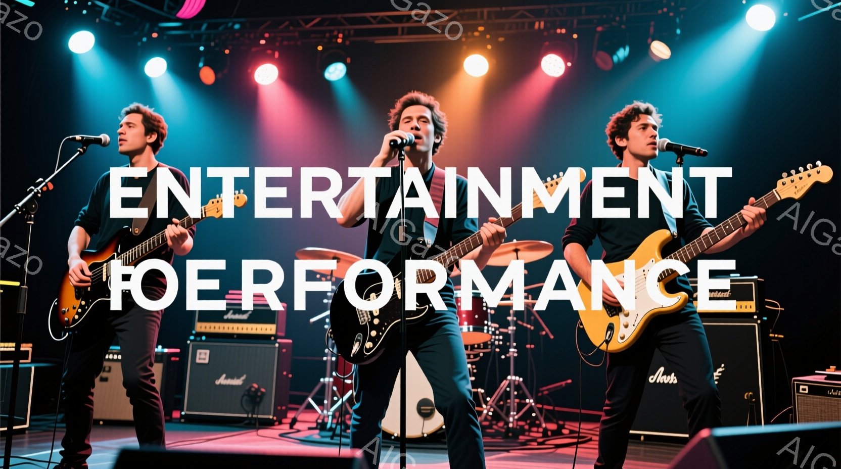 3人の男性がステージ上で演奏しています。リードボーカルはマイクに向かって歌い、ギターを弾く男性2人が彼を取り囲んでいます。ステージにはアンプや楽器が並び、背景にはカラフルな照明が点滅しており、ライブパ - AI生成フリー素材