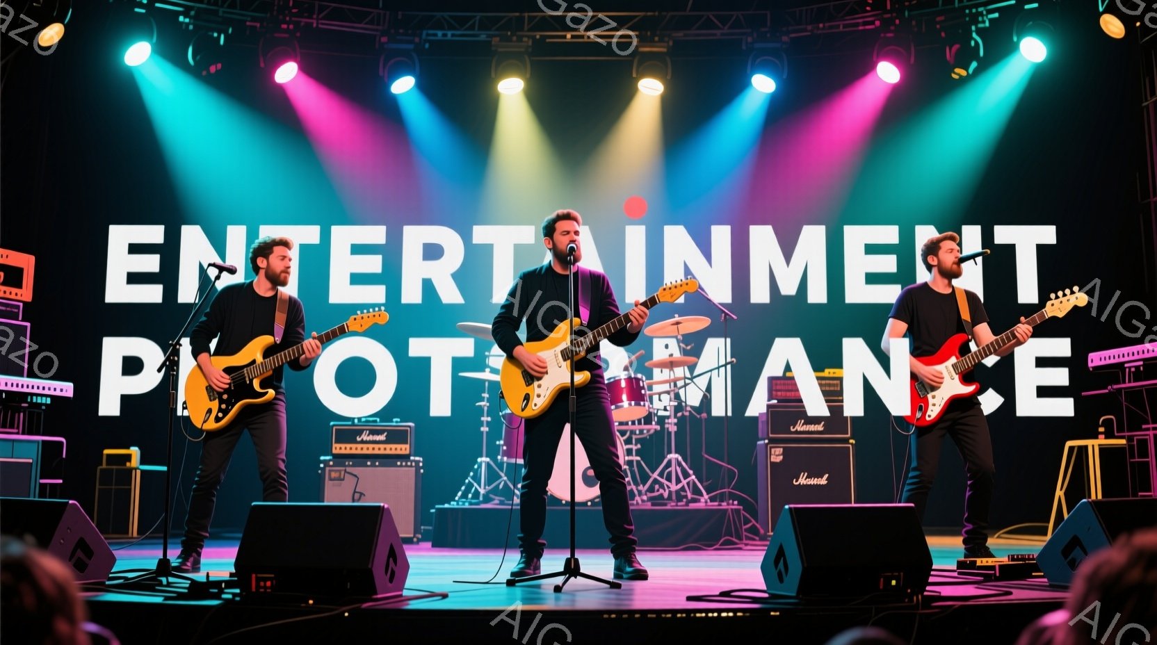 ３人の男性がステージ上で演奏している様子が写っています。彼らは全員黒いシャツとズボンを着用し、それぞれギターやベースを演奏しています。背景にはマーシャルのアンプが配置され、ステージは青とピンクの光で照 - AI生成フリー素材