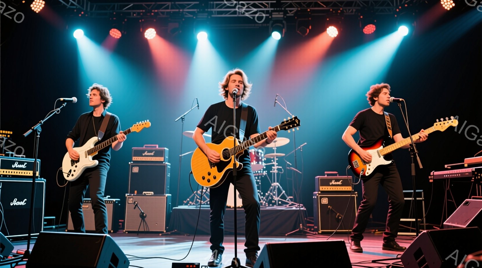 3人の男性がステージ上で演奏している様子が写っている。彼らは全員黒いTシャツとジーンズを着用し、それぞれギターまたはベースを手にしている。ステージの背景には、スピーカーや照明などの機材が配置され、赤い - AI生成フリー素材