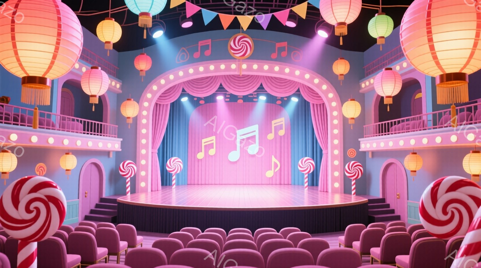 キャンディーのようなカラフルな内装の劇場内部を描いています。ピンクと白を基調とした客席、舞台、そして旋律記号が飾られたカーテンが特徴的です。劇場内は、大きなキャンディーのオブジェや提灯で装飾され、明るくお祭り気分に満ちた雰囲気です。