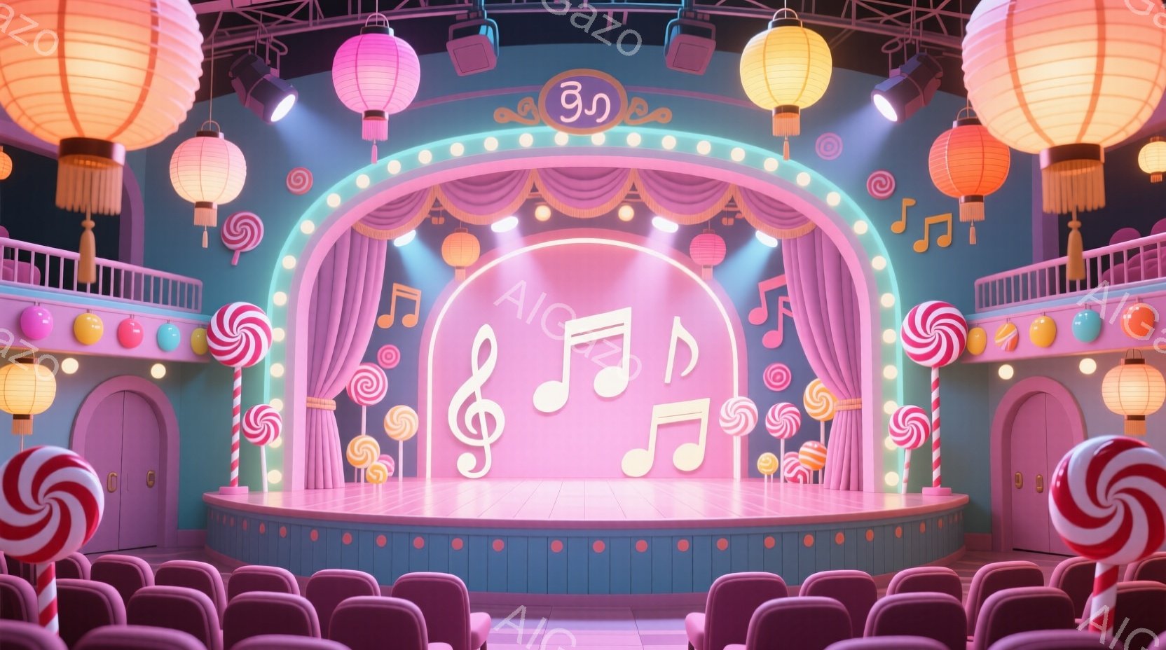 鮮やかなピンクと水色の劇場内は、観客席とステージで構成されています。ステージ上には音符が散りばめられ、大きなキャンディが飾られ、お祝いの雰囲気です。会場全体が照明で明るく照らされ、夢のような、陽気な空間を作り出しています。