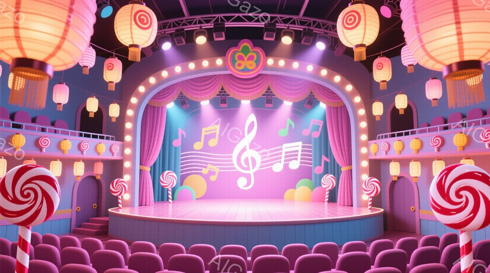 ピンクと紫を基調とした劇場内部を描いています。舞台には楽譜とカラフルなキャンディが散りばめられ、観客席は空っぽですが、ピンク色のシートが整然と並んでいます。天井からは、丸い提灯が吊り下げられ、お祭りや遊園地のような華やかで夢幻的な雰囲気を醸し出しています。