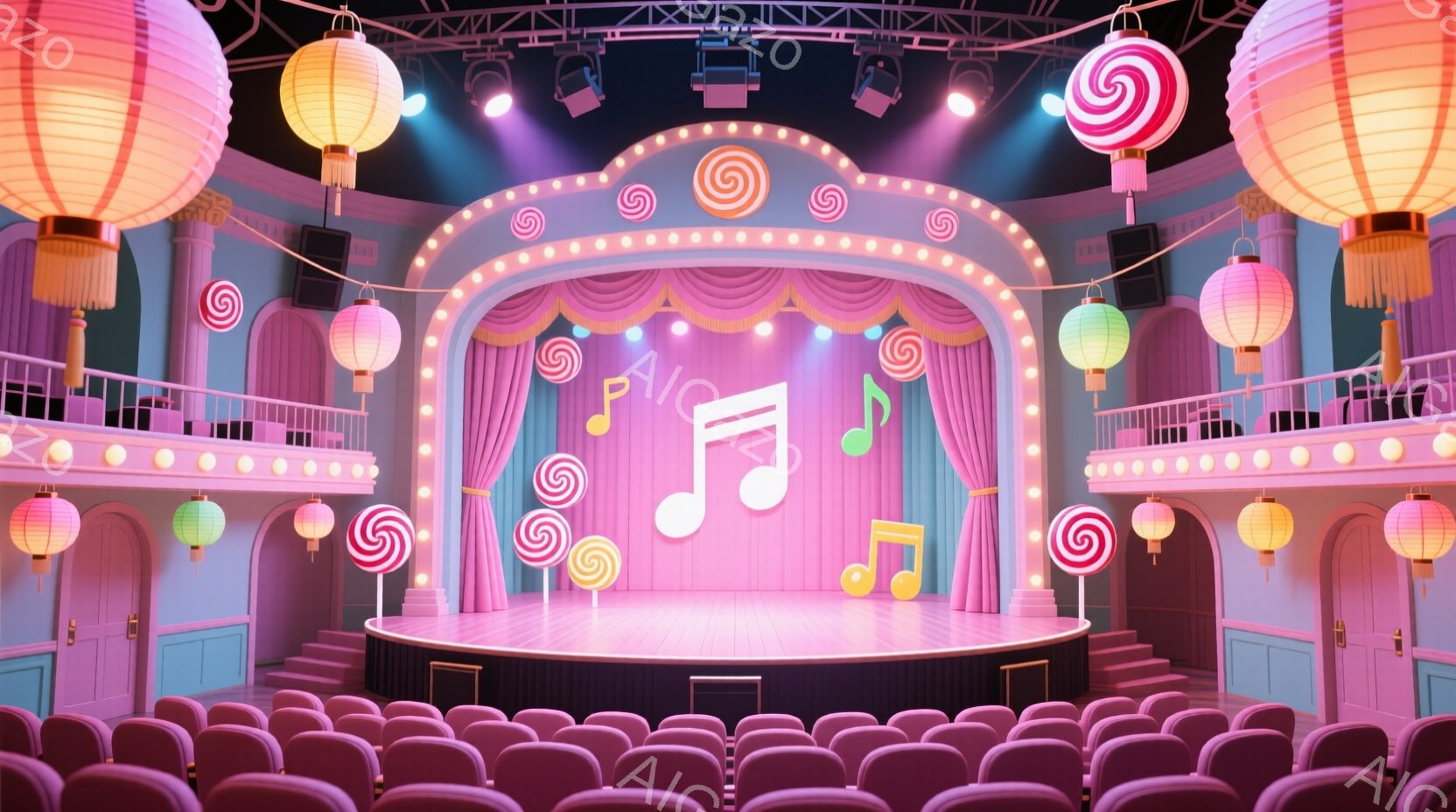 劇場内はピンク色を基調とし、キャンディのような装飾が施されたファンタジーのような空間です。ステージには音符が描かれ、観客席にはピンク色の椅子が整然と並んでいます。天井には提灯が吊り下げられ、全体的に明るくお祭り騒ぎのような華やかな雰囲気が漂っています。