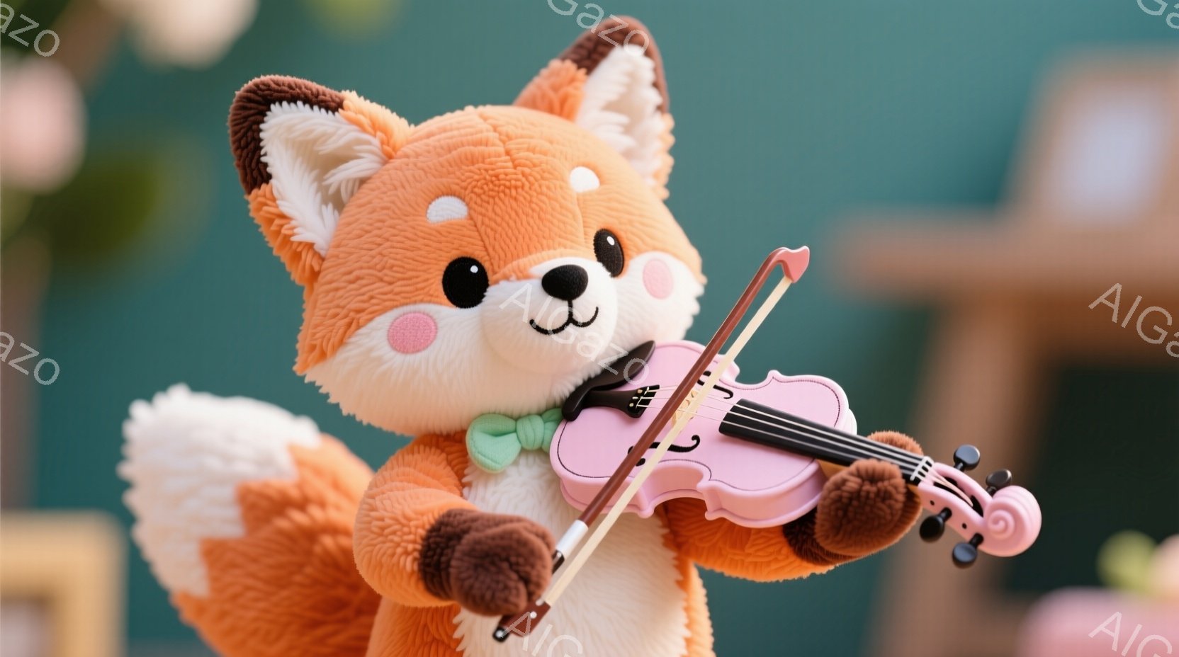 オレンジ色のふわふわしたキツネのぬいぐるみは、紫色のバイオリンを演奏しています。緑色のリボンと黒い蝶ネクタイを身につけており、嬉しそうな表情をしています。背景は緑色で、ぼやけた建物が見え、全体的に温か - AI生成フリー素材