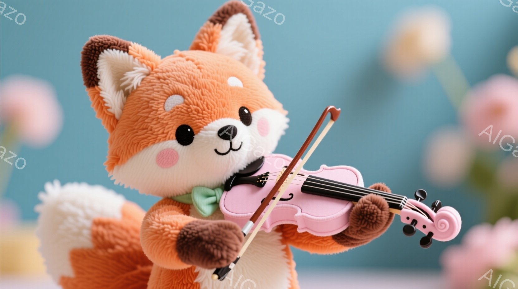 オレンジ色のふわふわしたキツネのぬいぐるみは、ピンク色のバイオリンを演奏しています。緑色の蝶ネクタイをつけ、楽しそうな表情でバイオリンに集中しており、姿勢は演奏にふさわしい形で立っています。背景はぼや - AI生成フリー素材