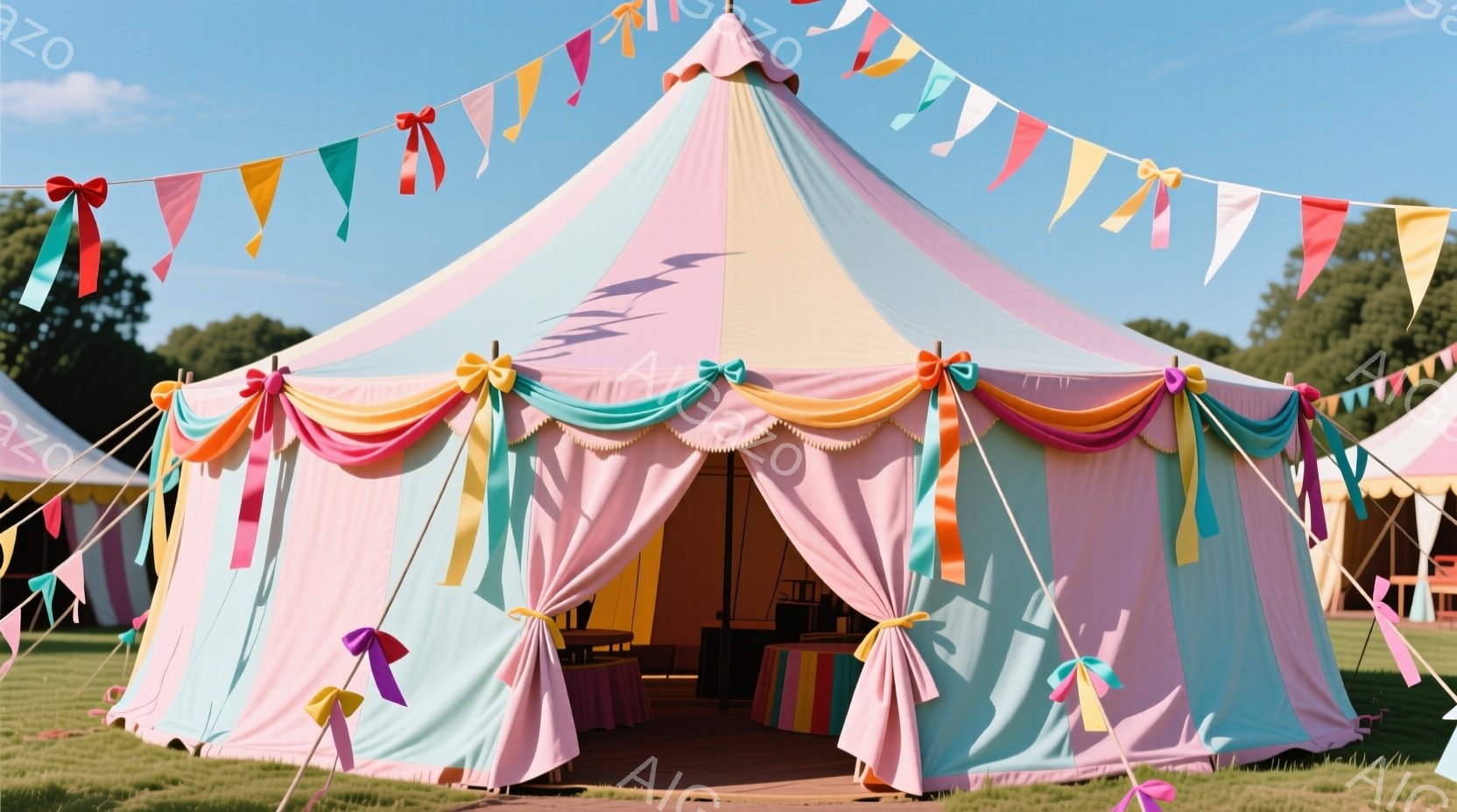広々とした緑の芝生の上に、カラフルなストライプが特徴的な大きなテントが立っている。ピンク、水色、黄色、オレンジなどの鮮やかな色が使われており、テントの入り口には虹色のリボンが結び付けられている。背景に - AI生成フリー素材