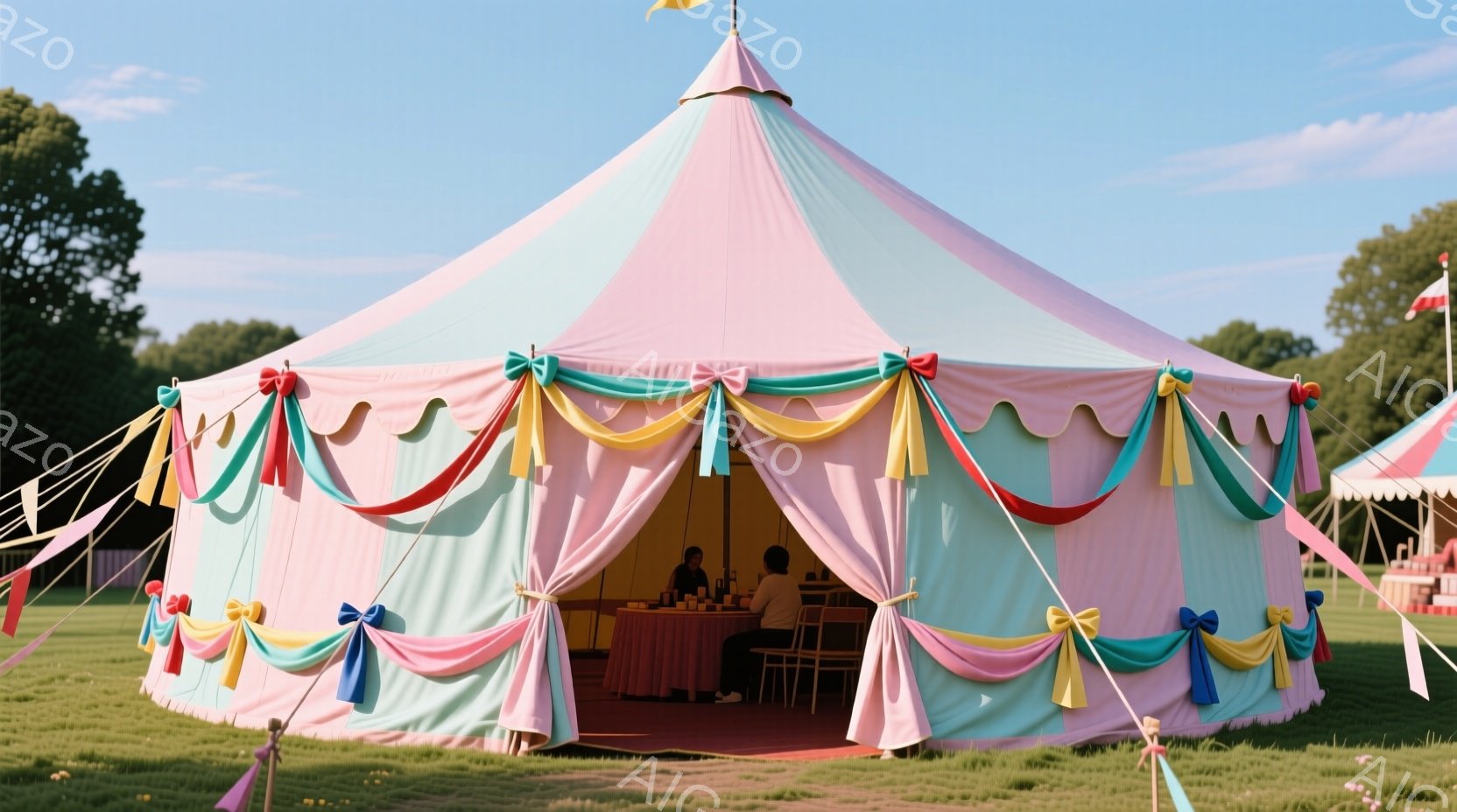 カラフルなストライプのテントが緑の芝生の上に立っており、ピンク、水色、黄色、赤などの明るい色が特徴的です。テントの中には、黒い服を着た人物がテーブルに向かって座っており、何かの準備をしている様子です。背景には、旗が立っているのが見え、晴れた空の下、穏やかな雰囲気を感じさせます。