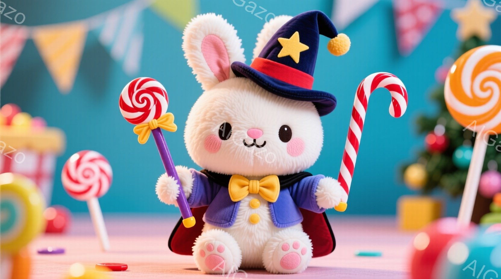 ふわふわの白いウサギが、魔法使いの衣装を着て立っています。青いジャケットに黄色い縁取り、赤いリボンタイ、そして星が飾られた黒い帽子が特徴的です。背景にはカラフルなキャンディやクリスマスツリーが配置され、お祭りやパーティーのような楽しい雰囲気を醸し出しています。