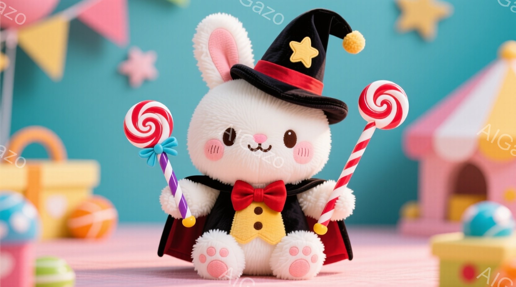 ふわふわの白いウサギが、魔術師の衣装を着て立っています。赤い蝶ネクタイと金色のボタンがアクセントになっており、頭には星の飾りがついた黒い帽子をかぶっています。背景にはパステルカラーの建物やプレゼントボックスがあり、まるで夢のようなお祭り会場のようです。