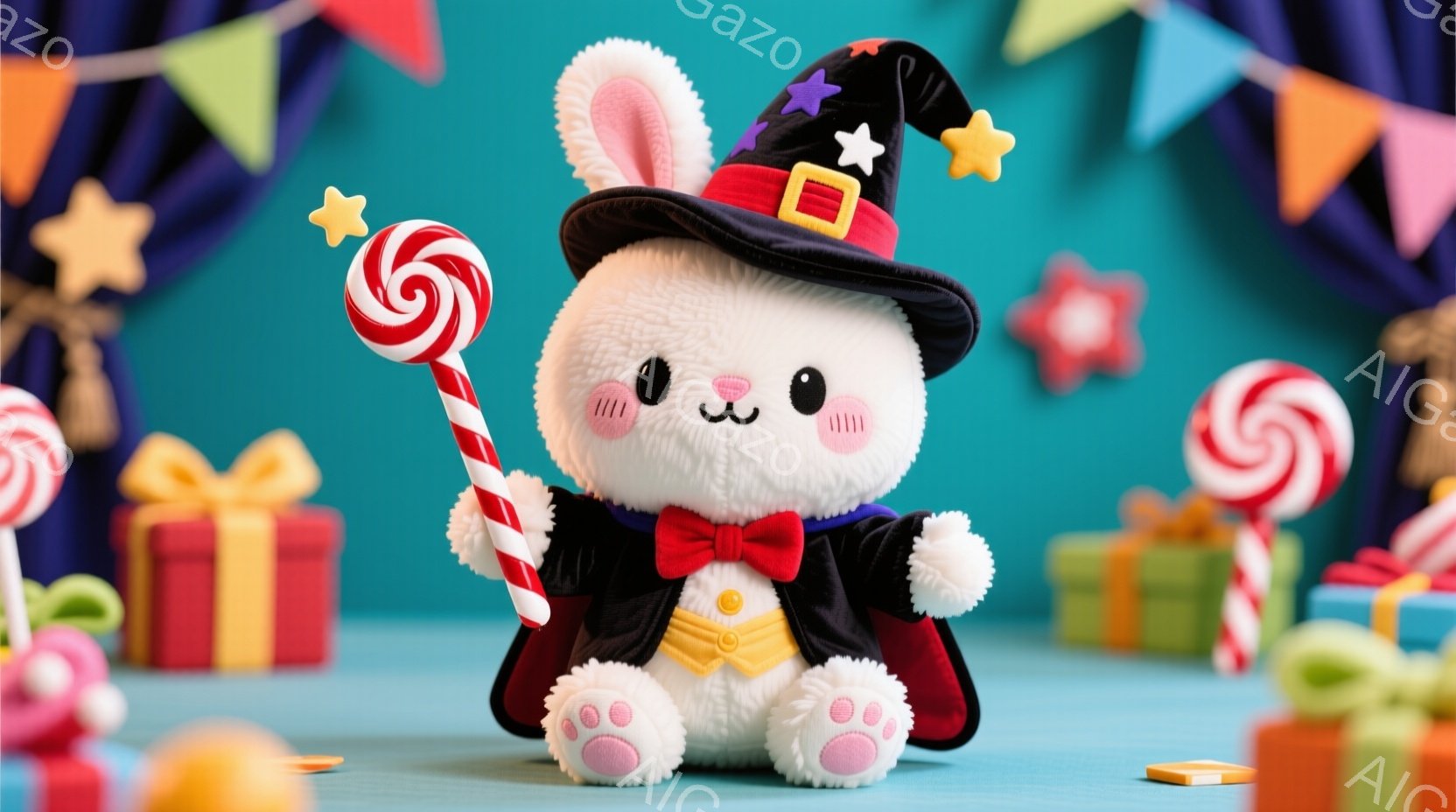 白いふわふわのウサギの人形が、魔法使いの衣装を着て立っています。赤い蝶ネクタイと、金の縁取りのある黒いマント、そして先が星の形をした黒い帽子が特徴的です。背景にはカラフルなプレゼントやキャンディ、そし - AI生成フリー素材