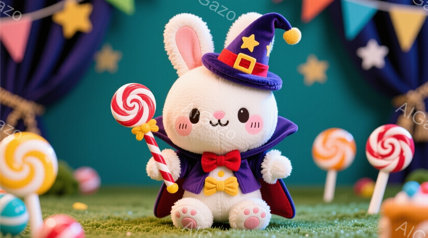 可愛らしい白毛のラビーというキャラクターを取り巻く童話のようなフレッシュで描かれています。ラビーは魔法使いの格好をしており、ウィザードの帽子とスプリングで魔法をかける様子が表現されています。 背景には星や雲があり、夜空のような雰囲気であり、ラビーは甘いキャンディを手に持って、それを周りから振り回していることが表現されます。 全体として、楽しく、夢中の幼い子供の笑顔が想起されるような可愛らしい世界観を感じます。