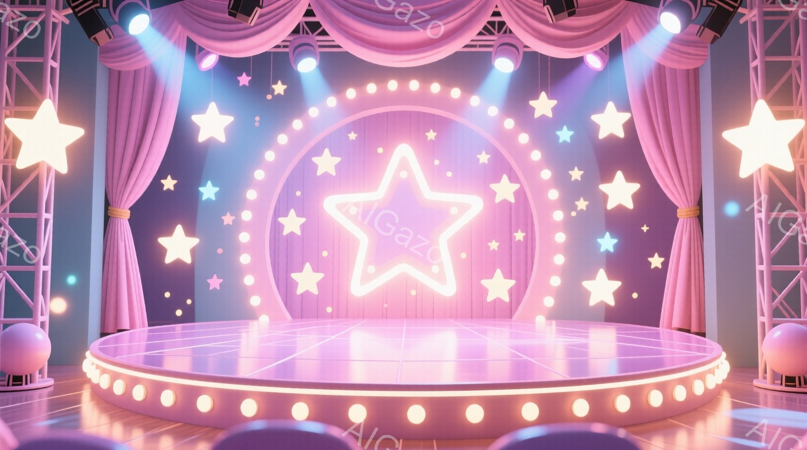 鮮やかなピンクと紫を基調としたステージが描かれています。ステージ中央にはネオンライトで光る大きな星形の装飾があり、背景には多数の星が散りばめられています。ピンクのカーテンと光の演出が、夢幻的で華やかな雰囲気を醸し出しています。